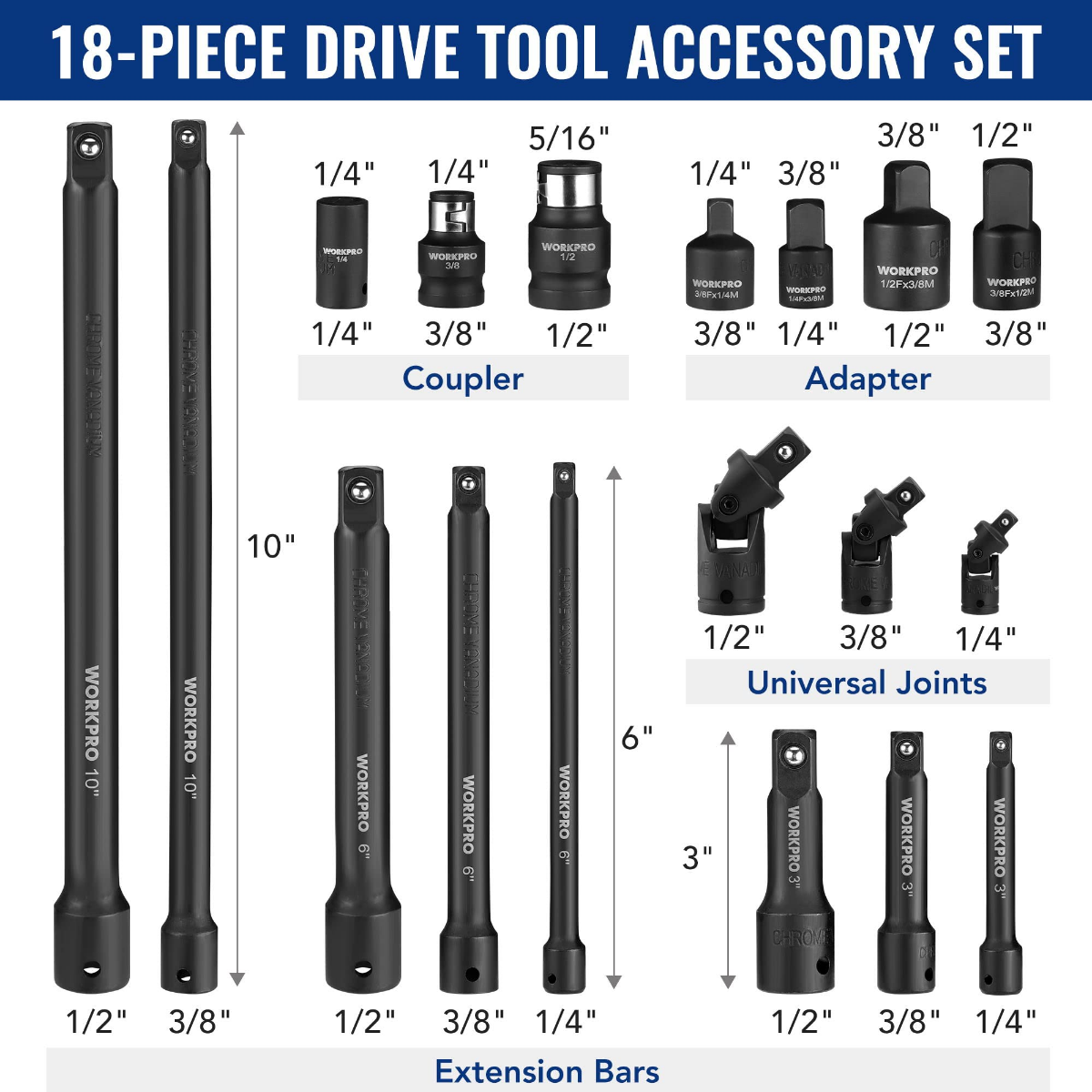 18-piece drive tool accessory set diagram with coupler, adapter, and extension bars