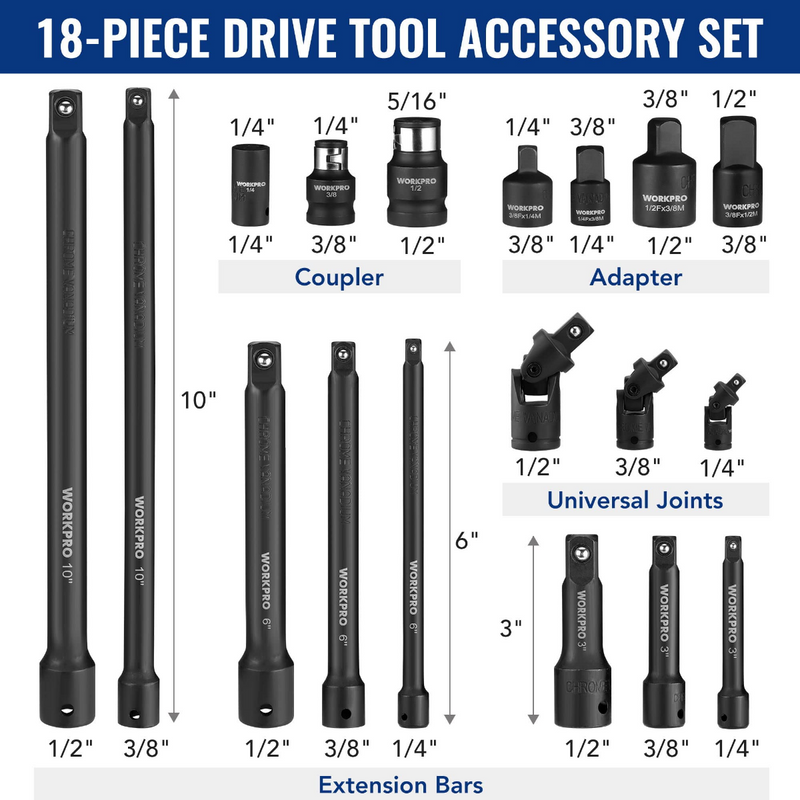 WORKPRO 18 Pcs Drive Tool Accessory Set