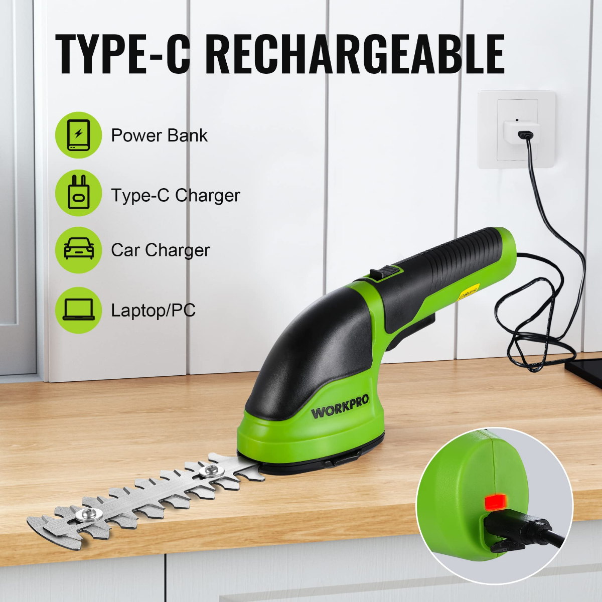 Cordless 2-in-1 shrub and grass trimmer, green and black handle with accessory blades