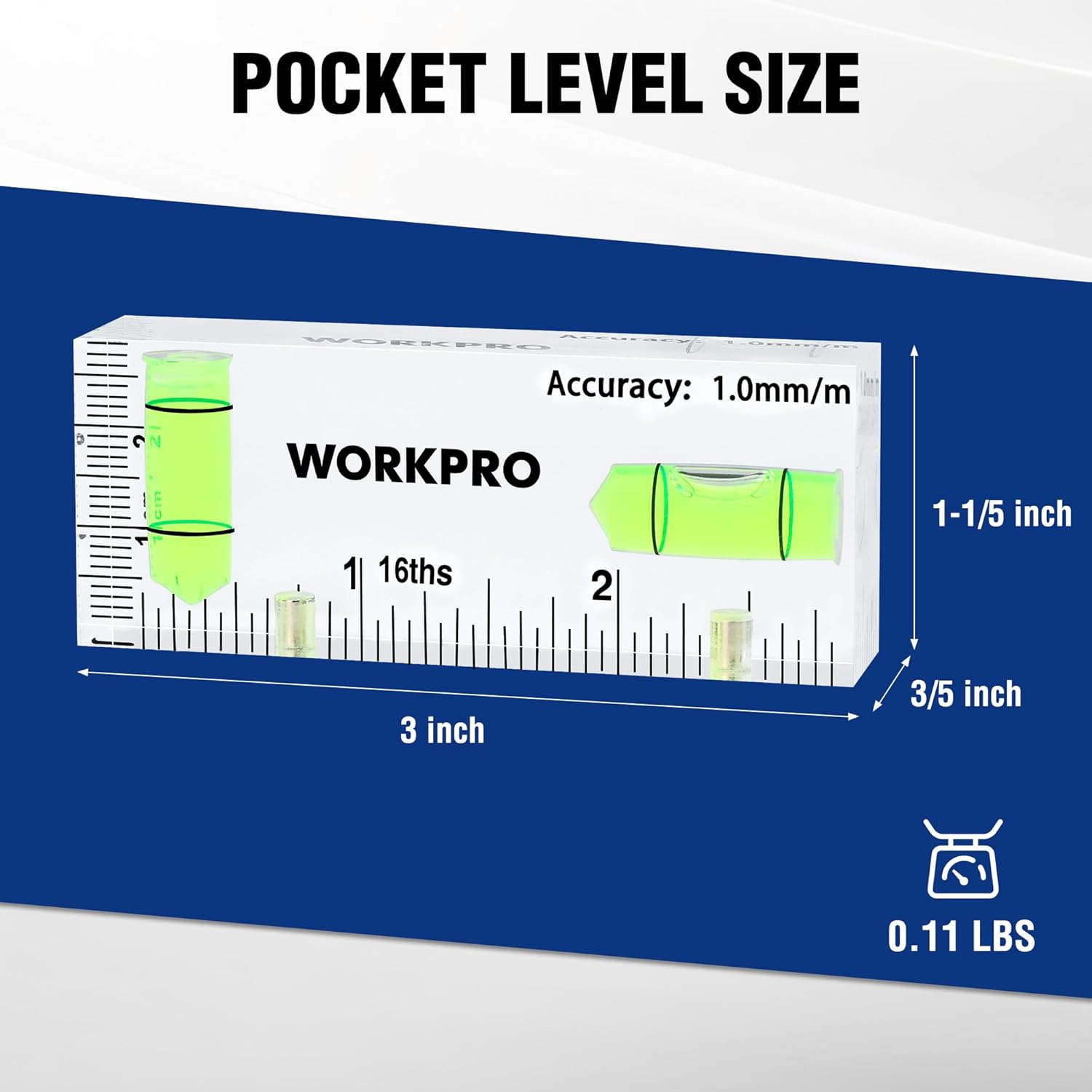 WORKPRO 3-inch pocket magnetic mini level with two green bubble vials and scale markings