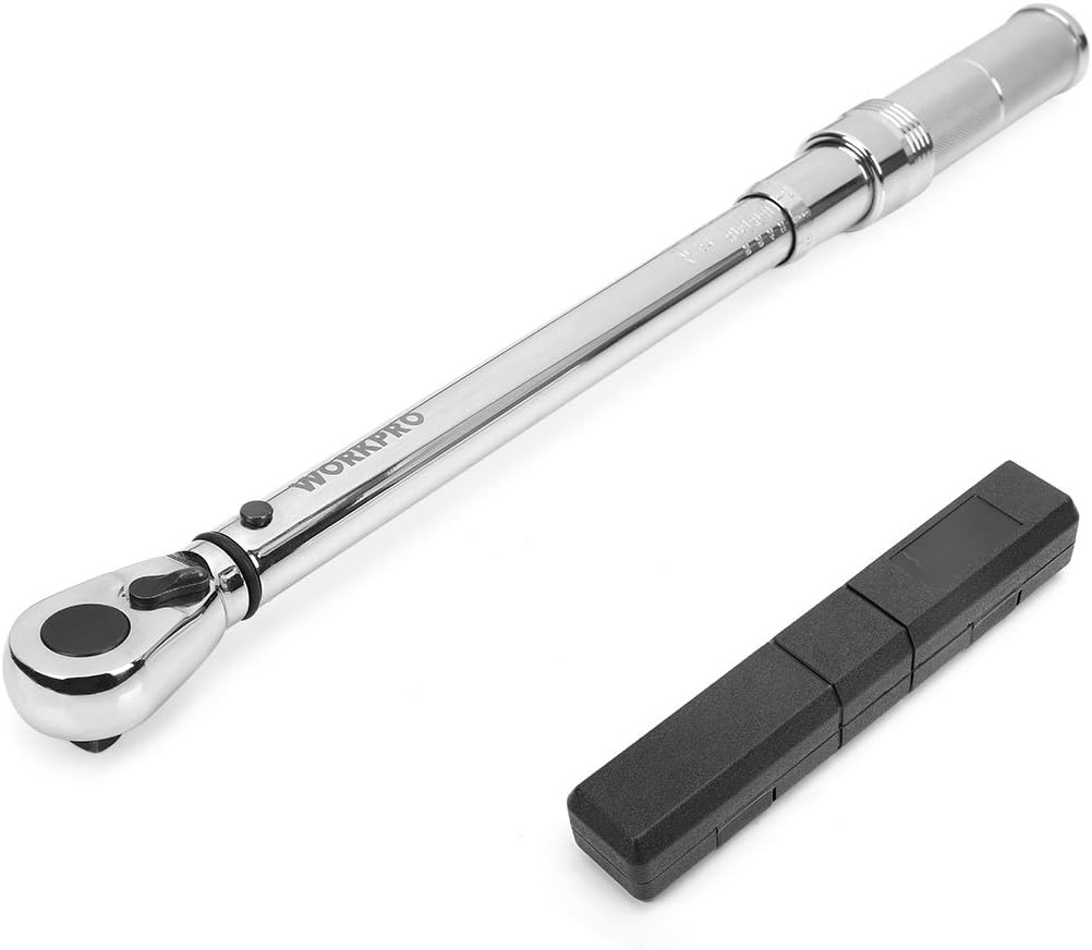 Adjustable ratchet torque wrench with 3/8-inch drive head and black storage case, silver.