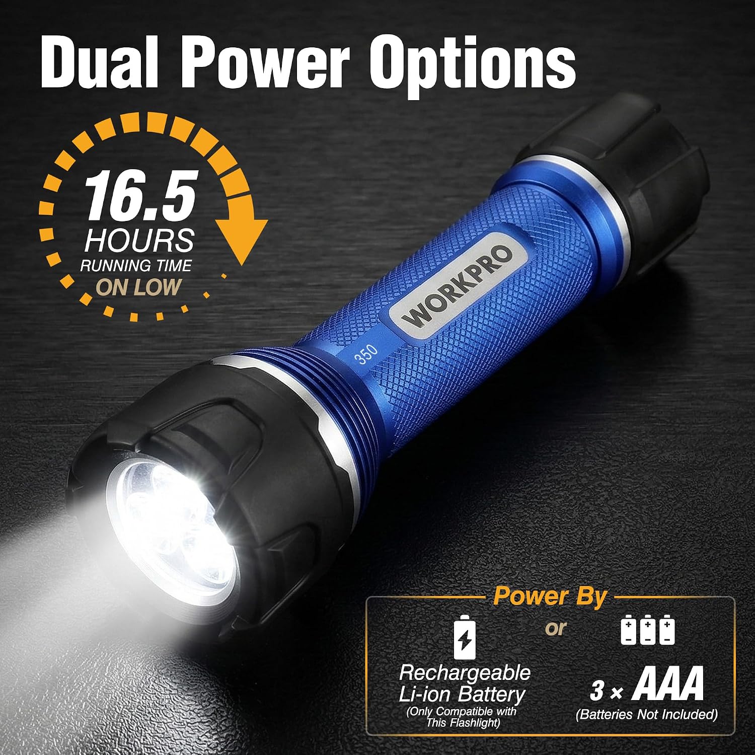 WORKPRO dual-power flashlight with blue textured barrel and black bezel, focused beam