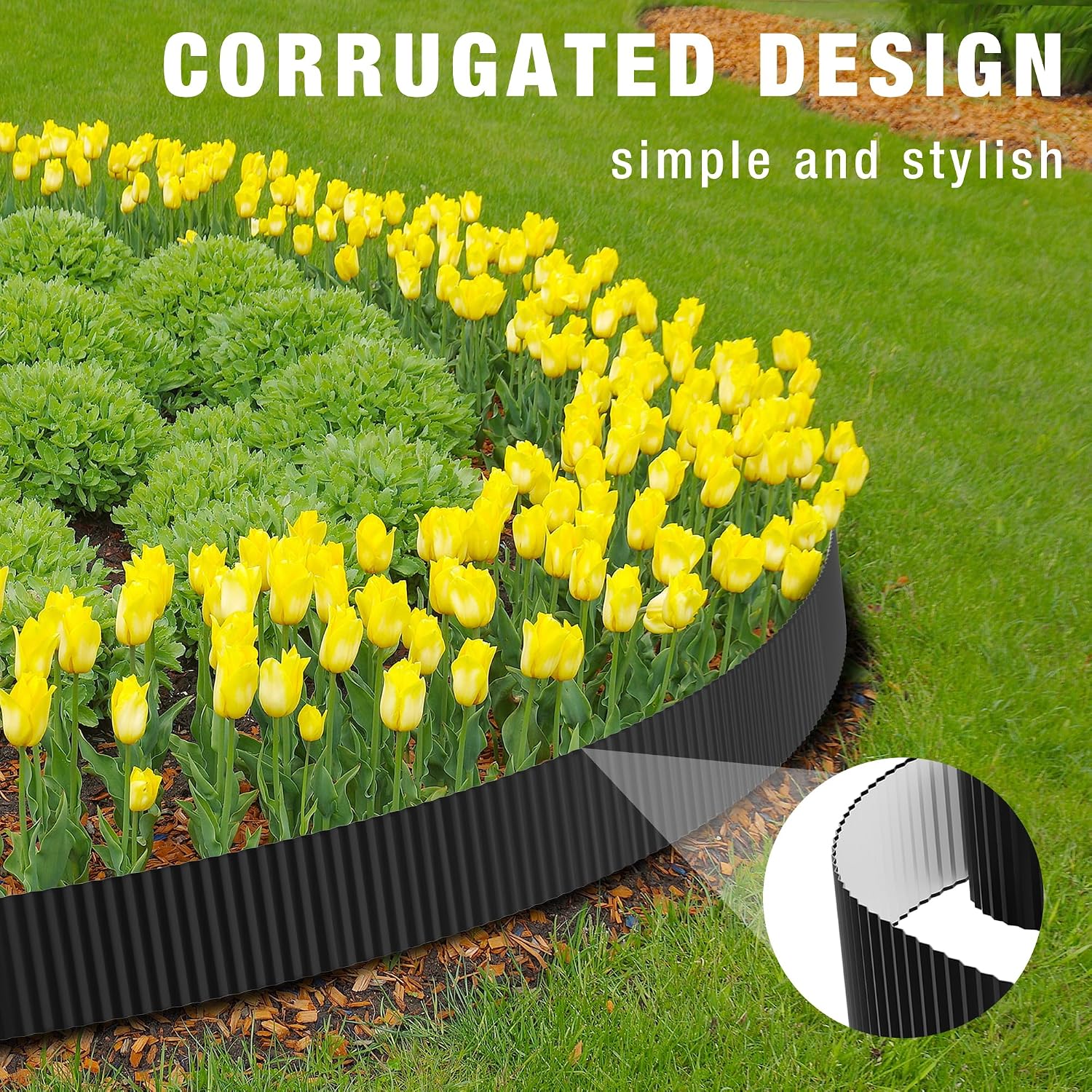 Black corrugated garden edging curving along tulip bed with soil-filled top edge.