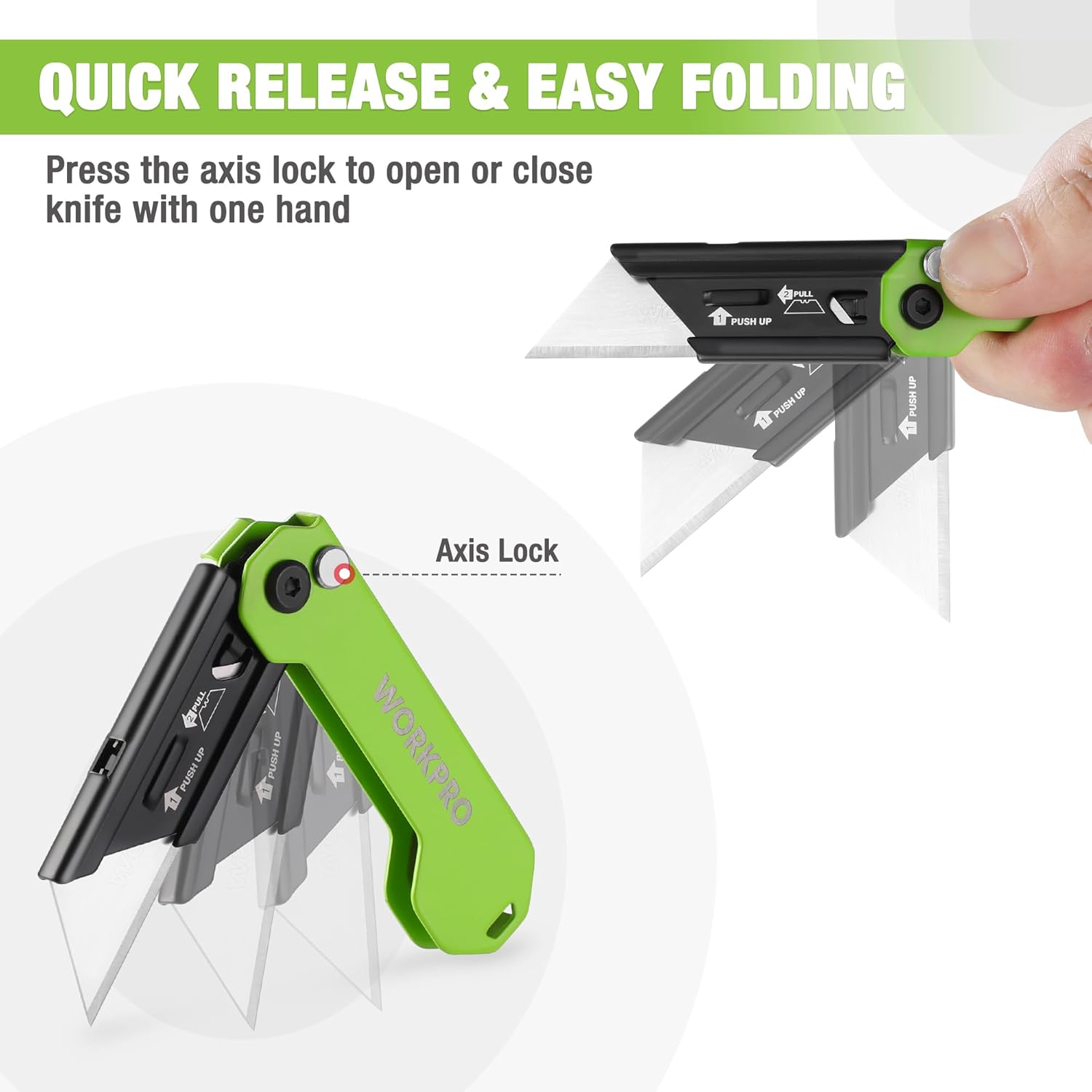 Green folding utility knife with safety axis lock, blade extended