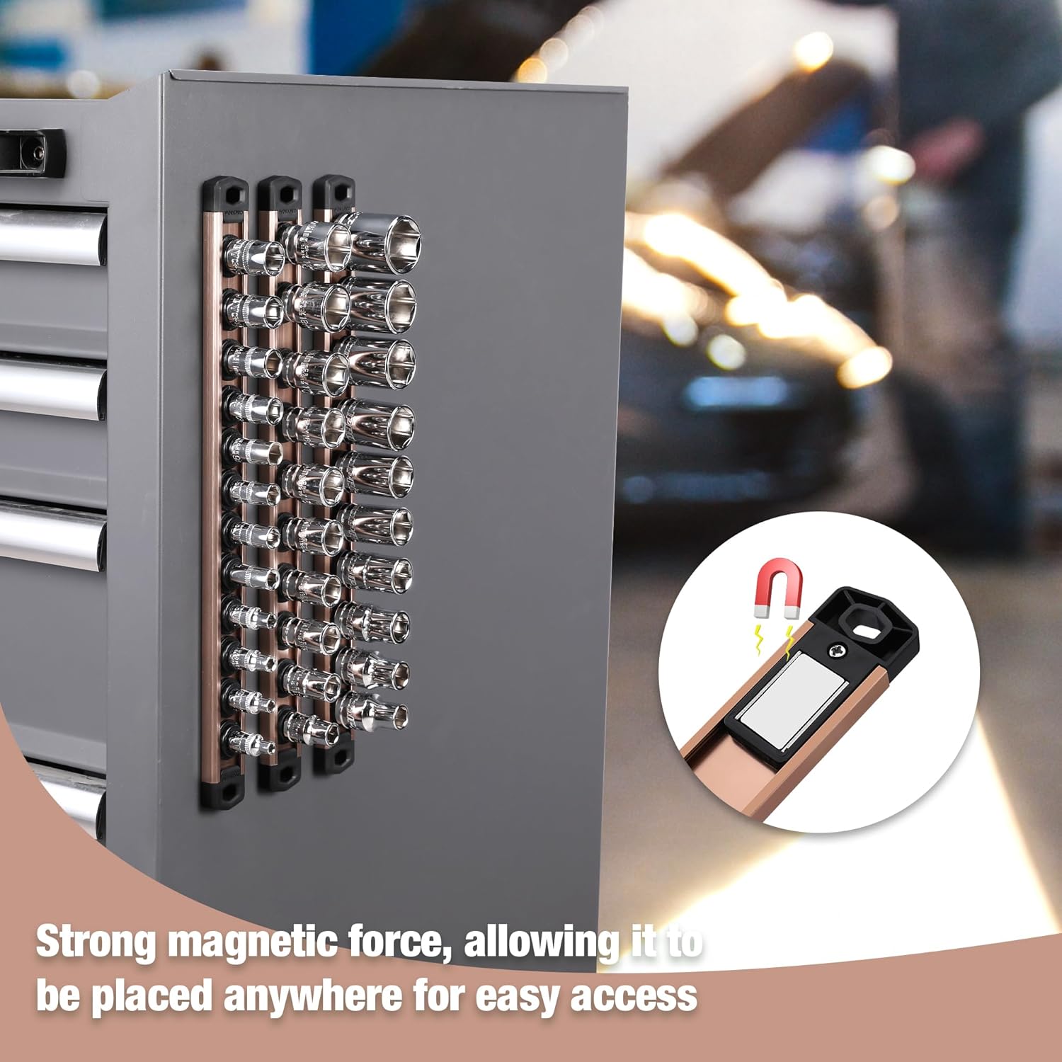 Aluminum socket rack with rows of sockets held by black magnetic mounts
