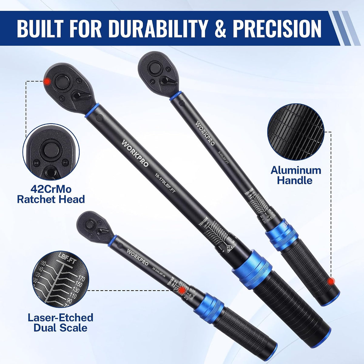 WORKPRO 9PCS Click Torque Wrench Set, 1/4" 3/8" 1/2" Drive, ±3% Accuracy