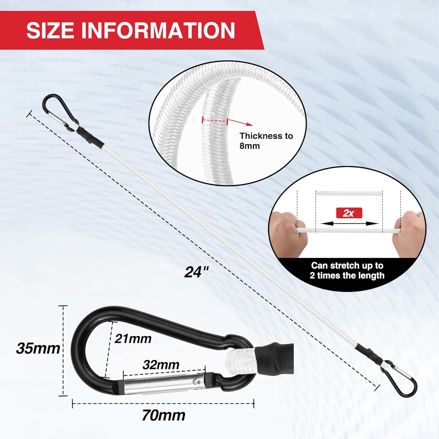 White bungee cord set with hooks, 24-inch elastic straps for securing luggage or cargo