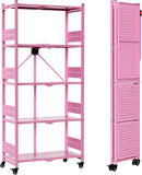 WORKPRO 5-Tier Folding Shelf, No-Assembly Metal Storage Rack with Wheels, 750 lbs Capacity (with Leveling Feet), Collapsible Shelving Unit for Kitchen, Pantry, Closet & Craft Shows - Pink
