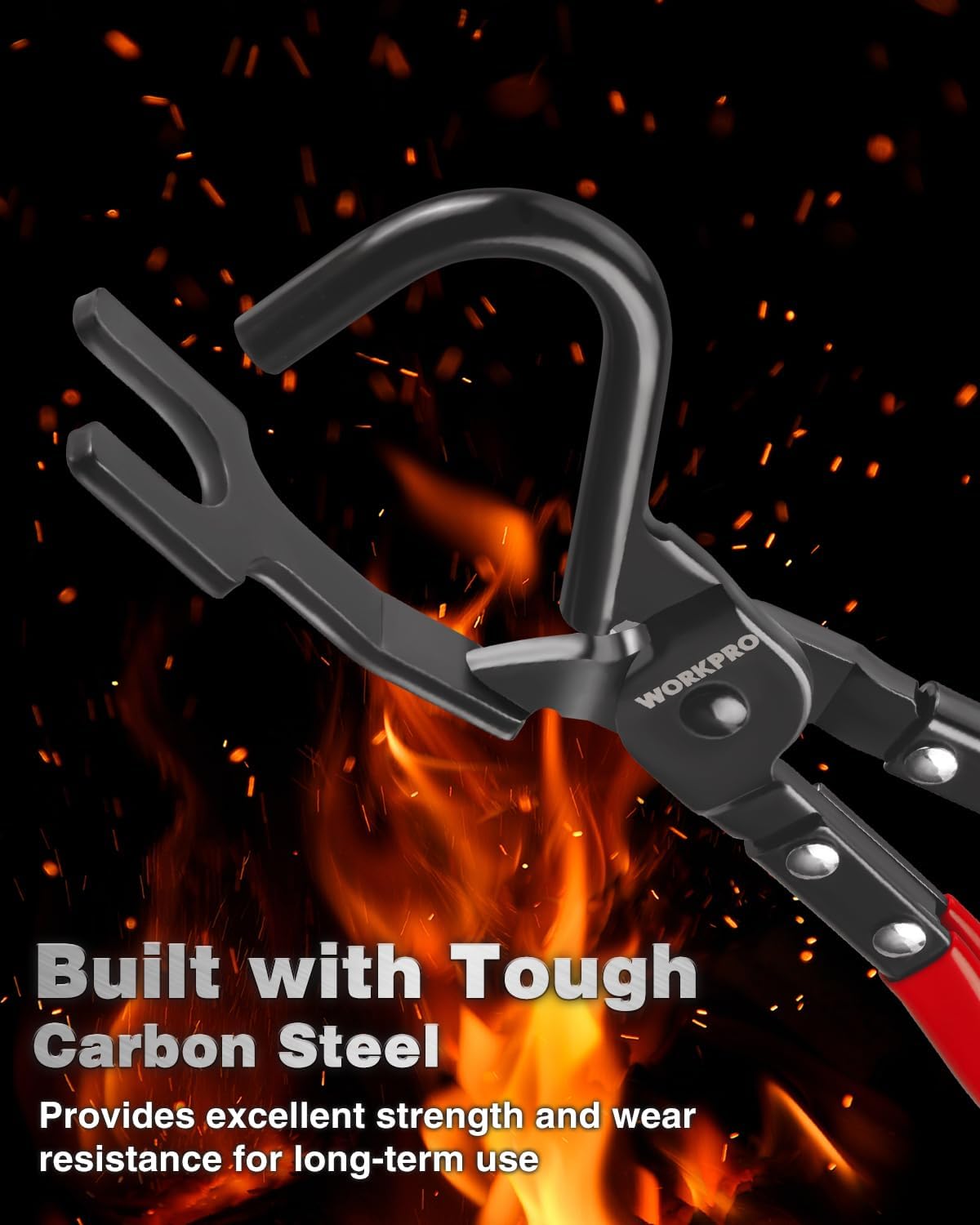 Black and red exhaust hanger removal pliers with curved jaws for muffler hangers