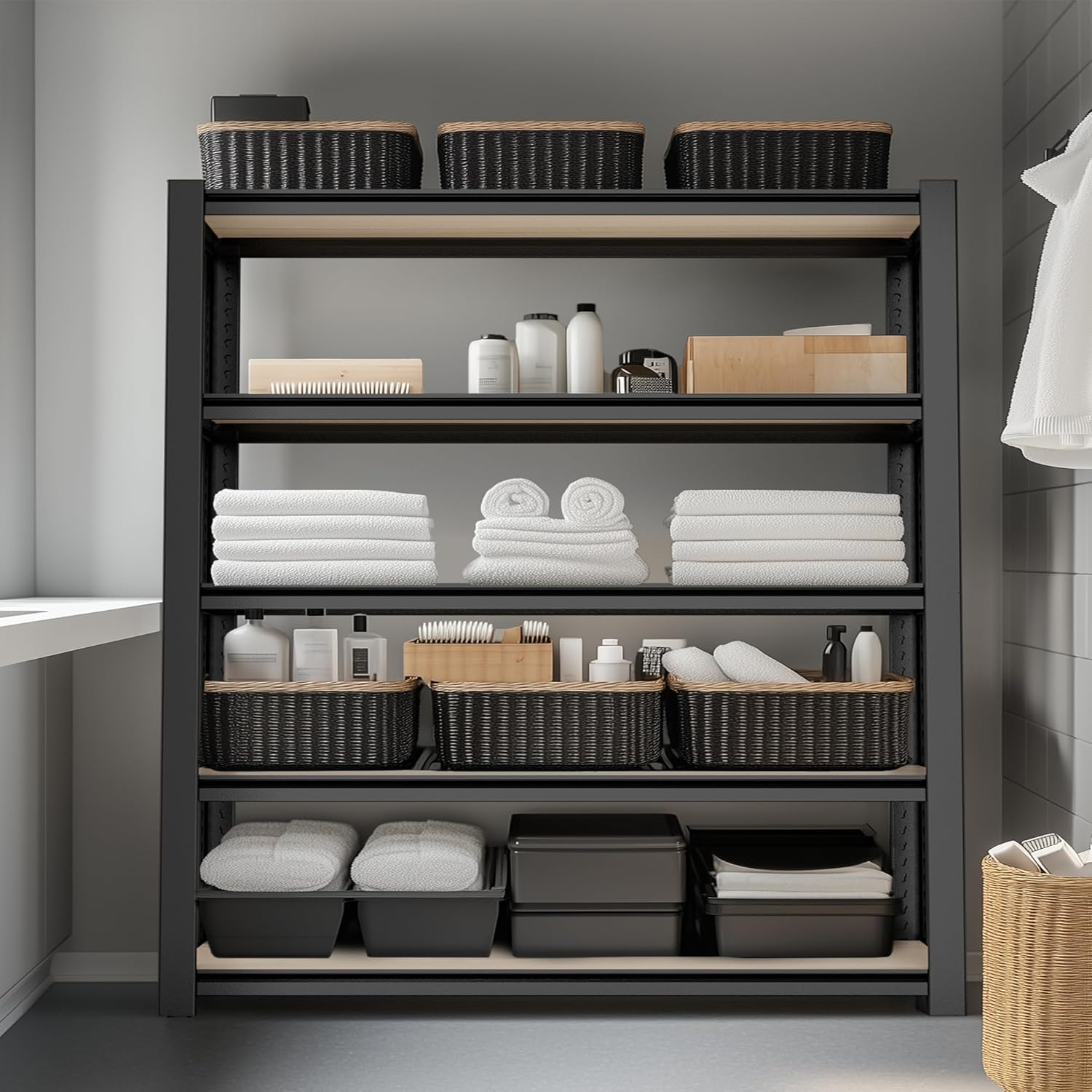 Black 5-tier boltless shelving unit with wood boards, open storage for household items