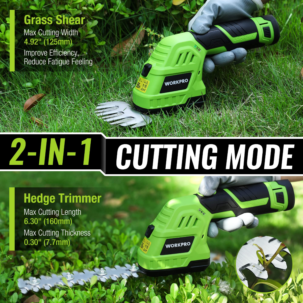 Cordless 2-in-1 grass and hedge trimmer in use, lime green and black with blades