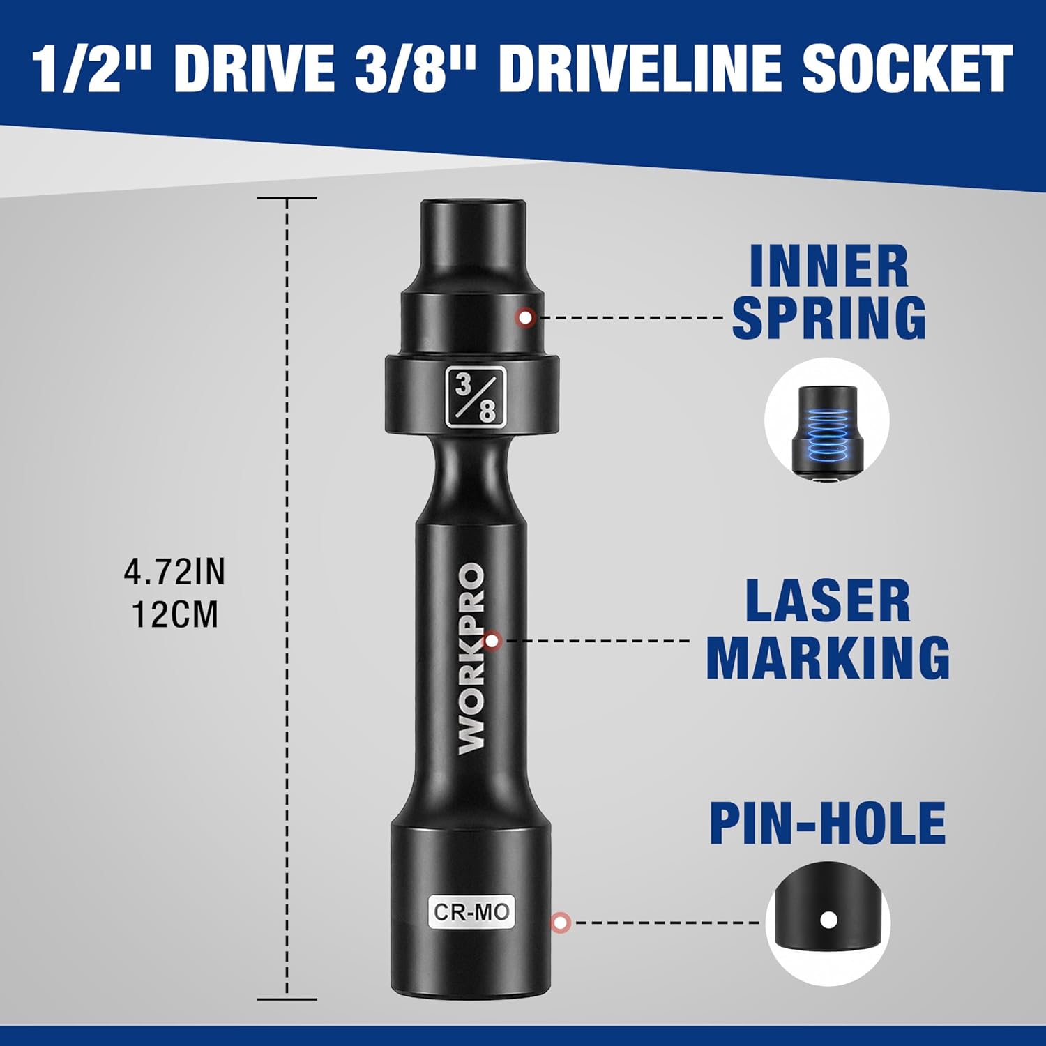Black 1/2 in drive 3/8 in driveline socket with 12-point tip