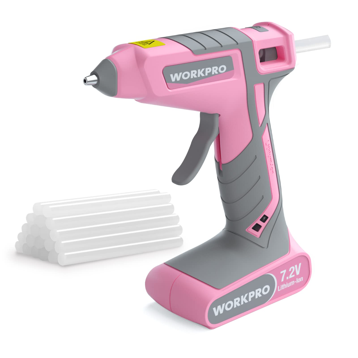 Pink cordless hot melt glue gun with trigger and white glue stick bundle