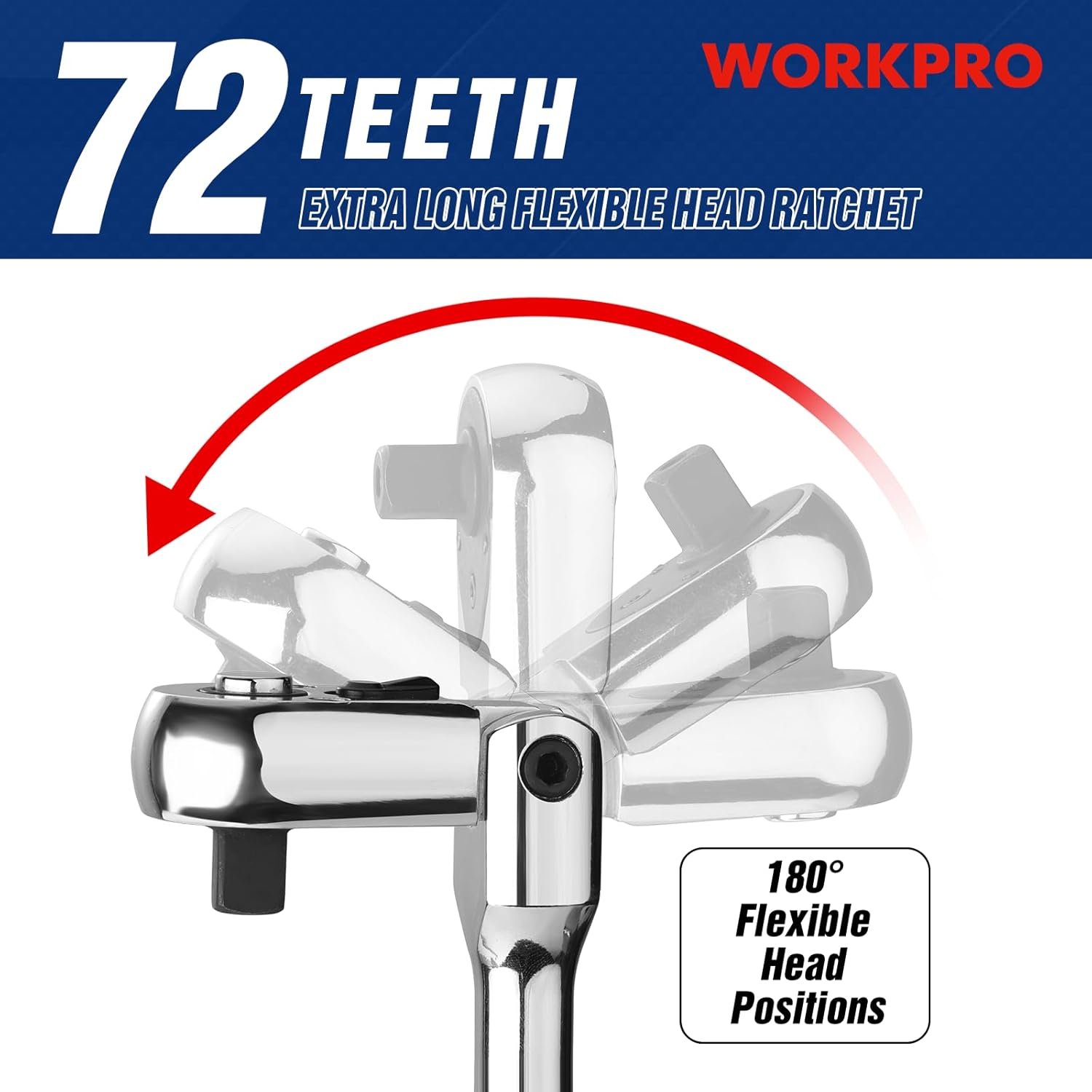 Chrome flex-head ratchet with multi-position angled head for tight spaces