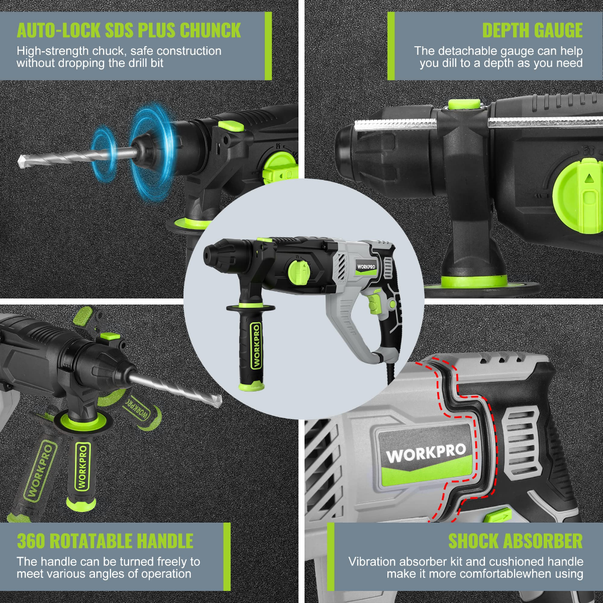 WORKPRO rotary hammer drill close-up with auto-lock SDS-Plus chuck and depth gauge