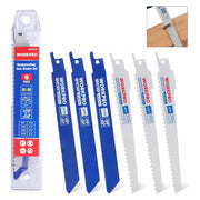 Reciprocating saw blade set with 6 blue and silver BIM blades, organizer case