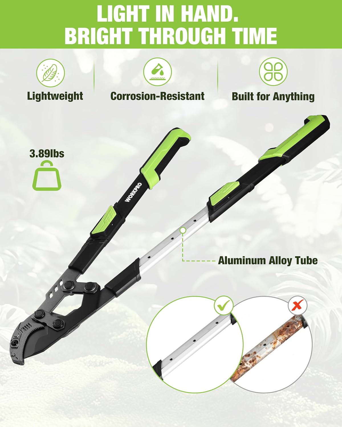 Lightweight extendable anvil lopper with aluminum tube and green-and-black handles.