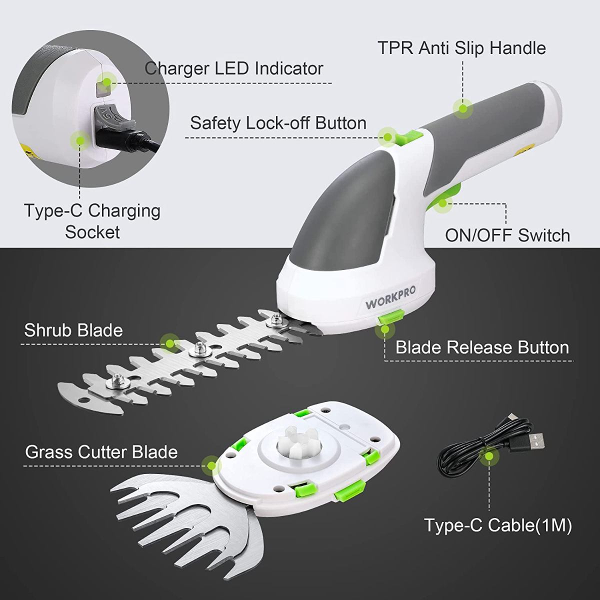 2-in-1 handheld electric trimmer in white/dark gray with green accents, plus blades and Type-C cable