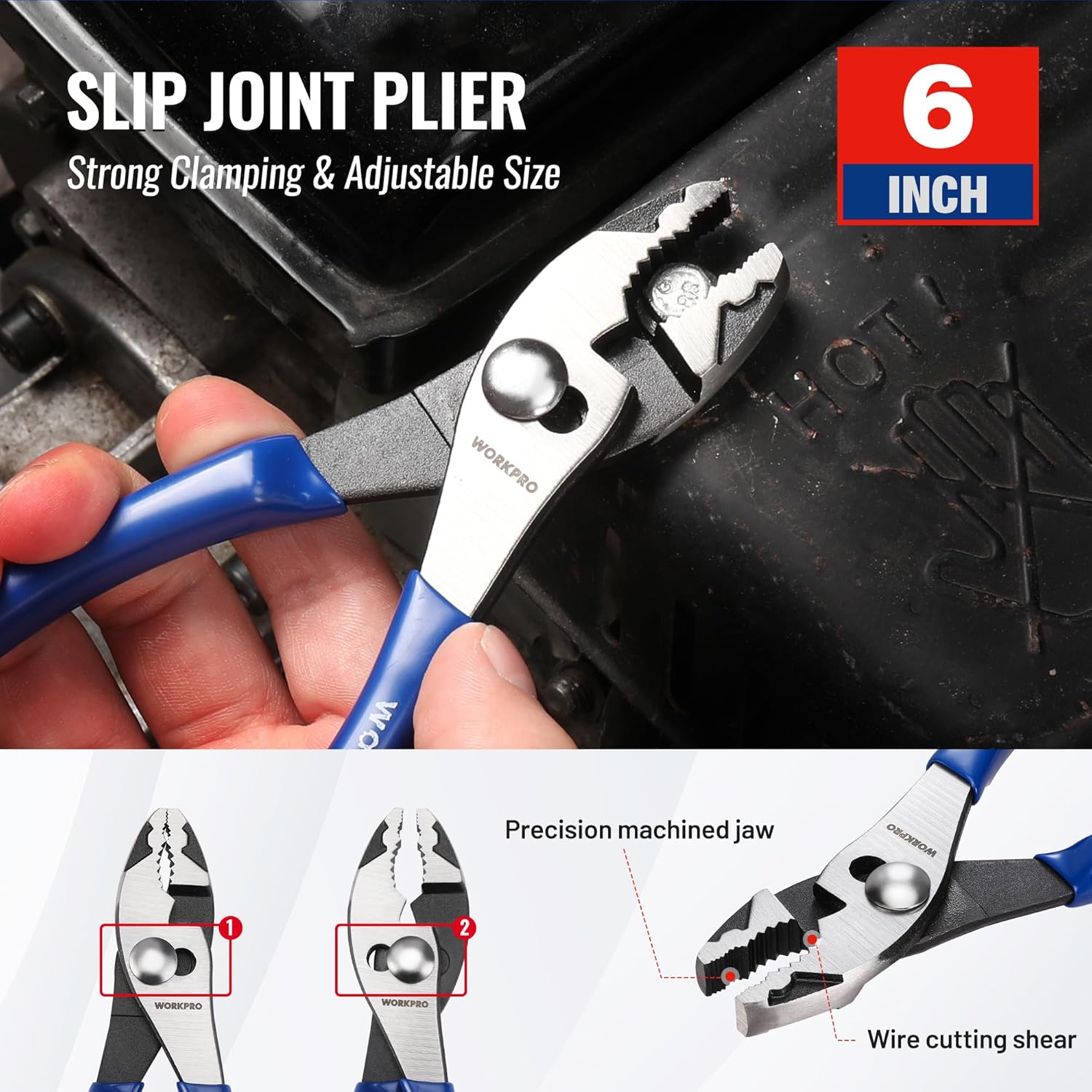 Slip-joint plier with blue handle and serrated adjustable jaw