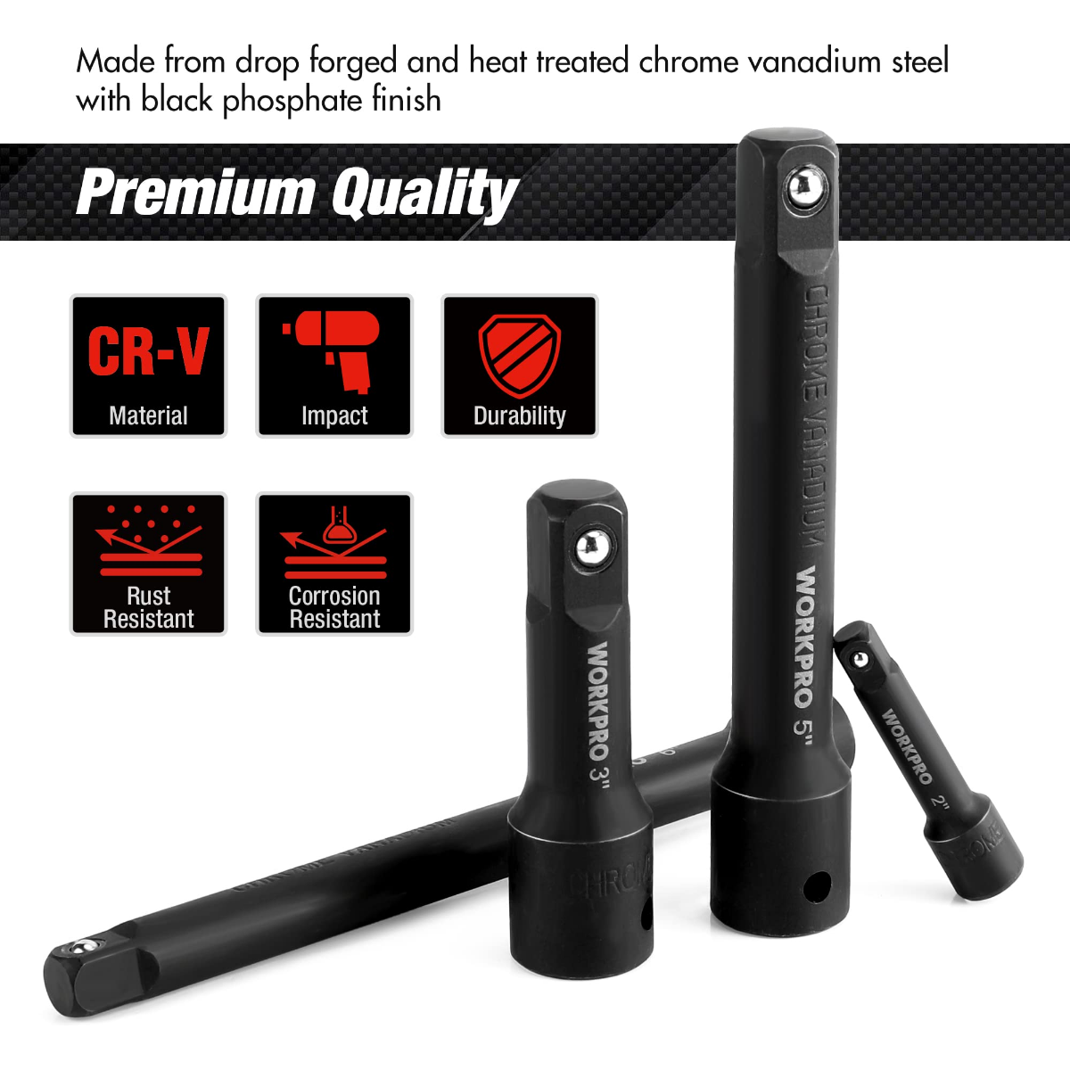 Chrome vanadium steel black impact extension bars with secure drive ends