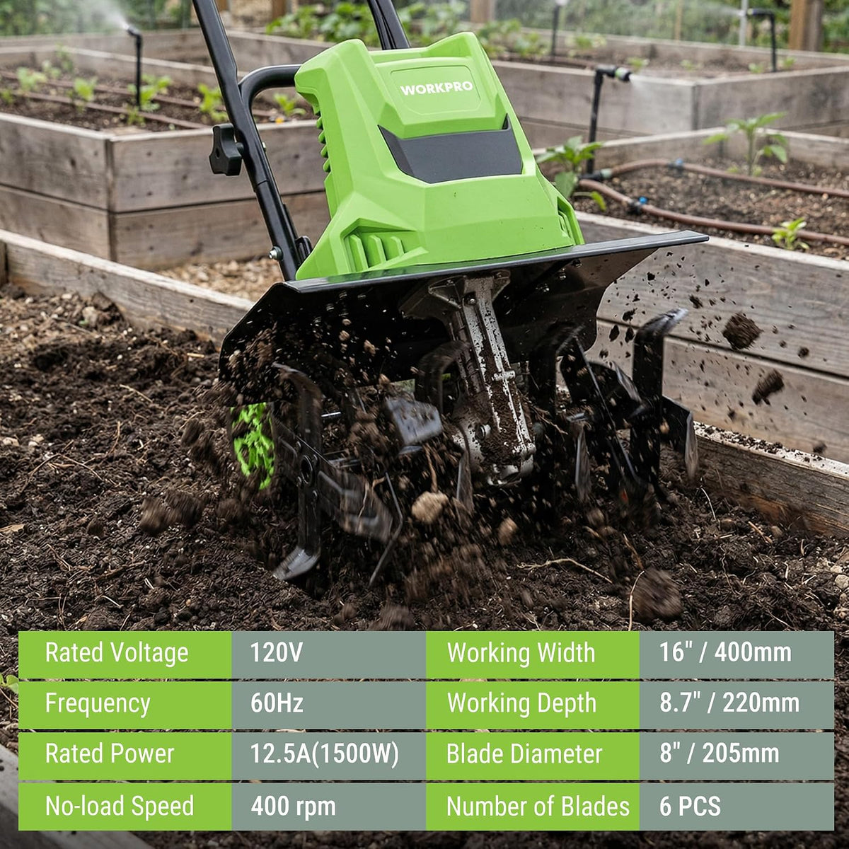 WORKPRO Corded Electric Garden Tiller & Cultivator, 16" Tilling Width & 8.7" Depth, 12.5A Corded Rototiller, 6 Steel Tines, 4-Position Adjustable Wheels, for Garden, Lawn & Flower Beds