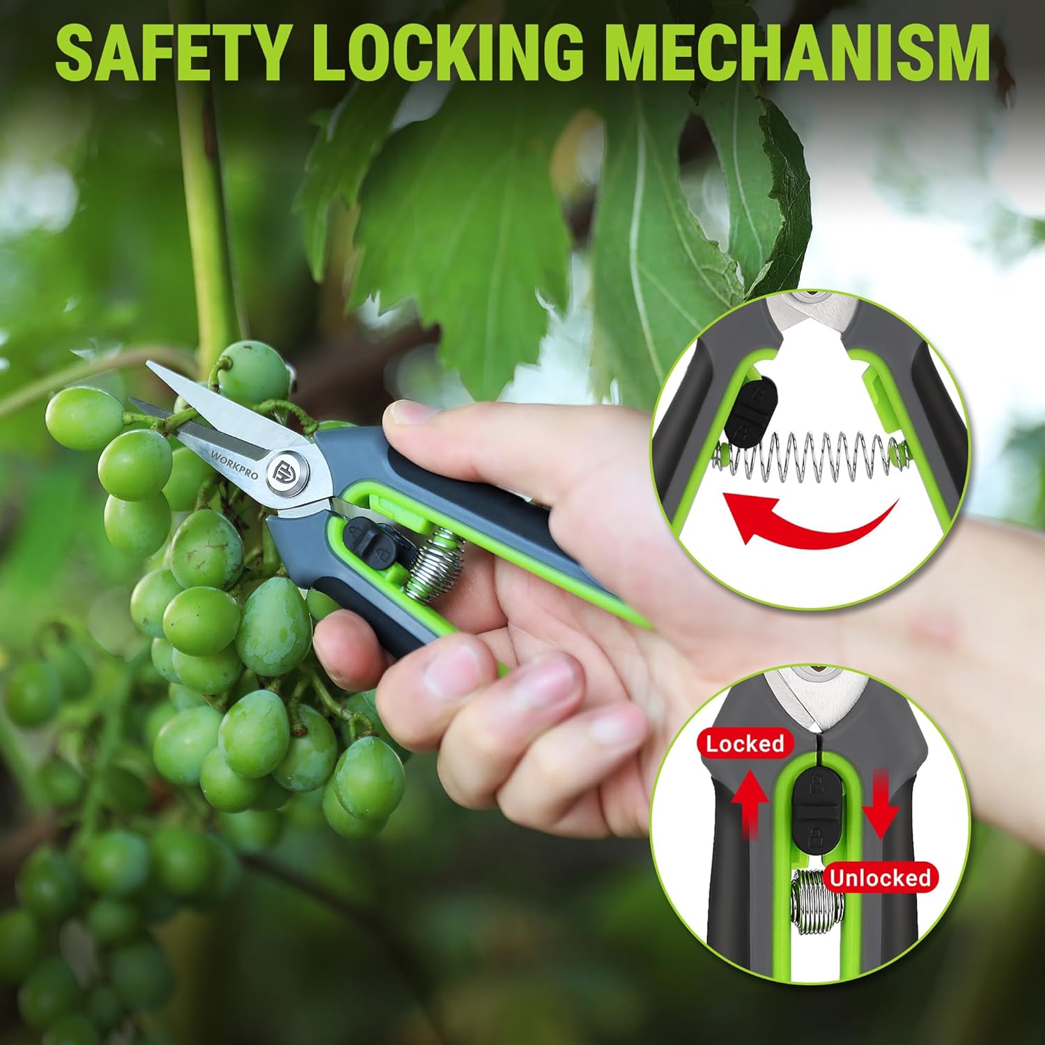 WORKPRO pruning shears with safety locking mechanism, green handles and spring