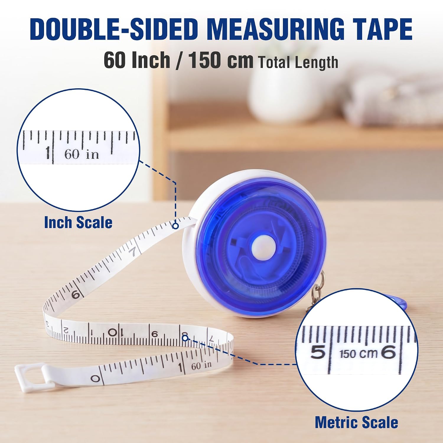 Blue retractable tape measure with inch and metric scales, shown extended