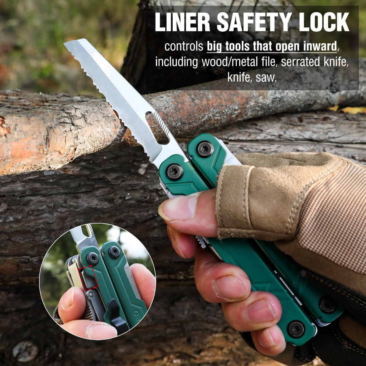 18-in-1 multi tool pliers, green in hand with blade, file, and saw attachments