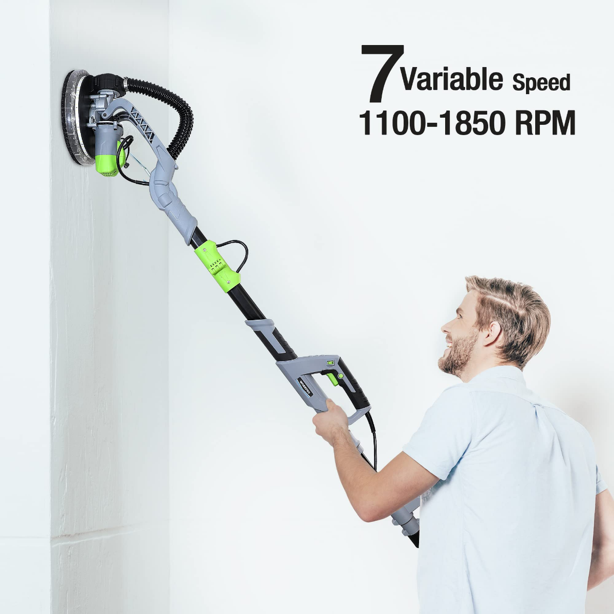 Electric drywall sander with variable speed control, vacuum hose, and wall-sanding head