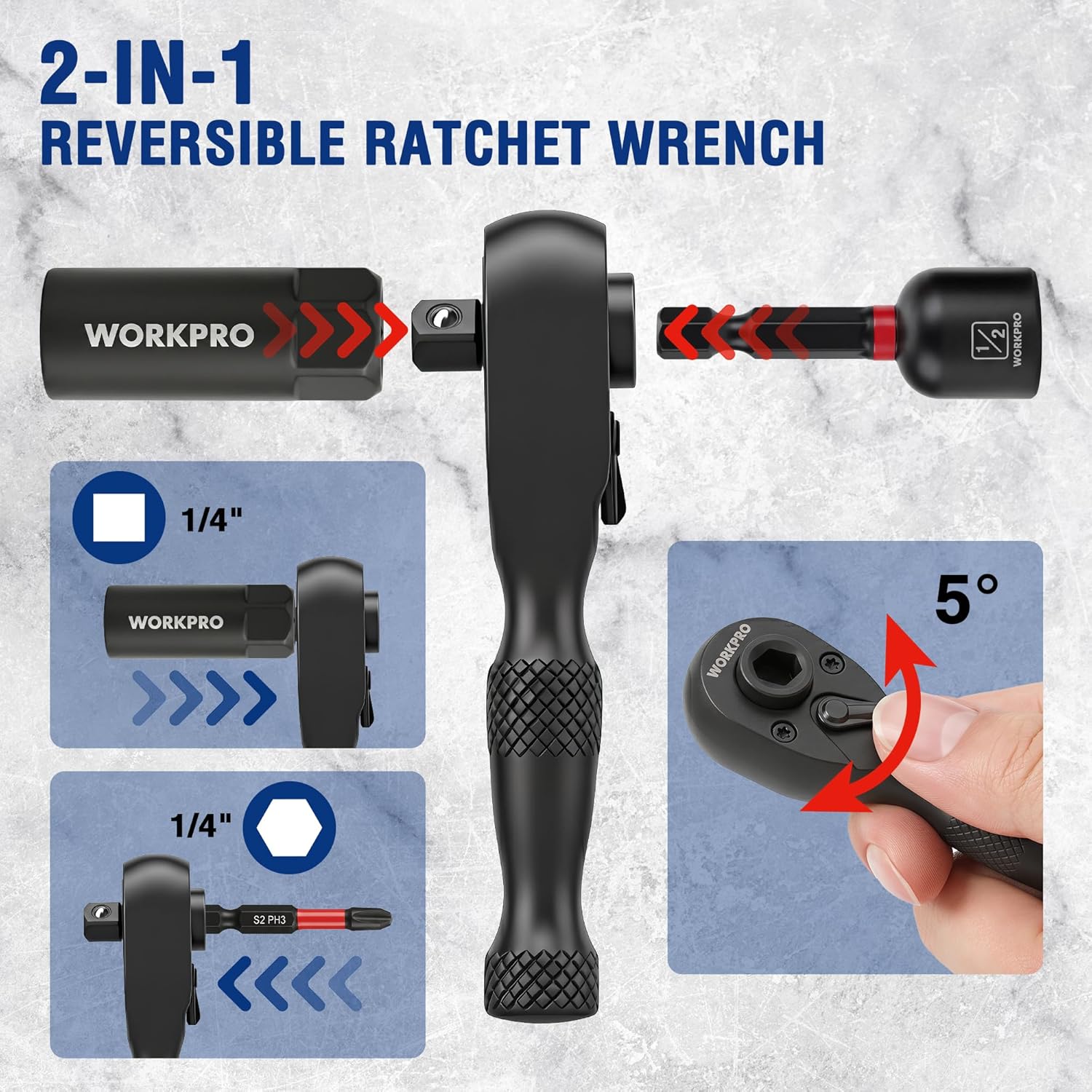 2-in-1 reversible ratchet wrench with 1/4-inch hex drive and textured grip