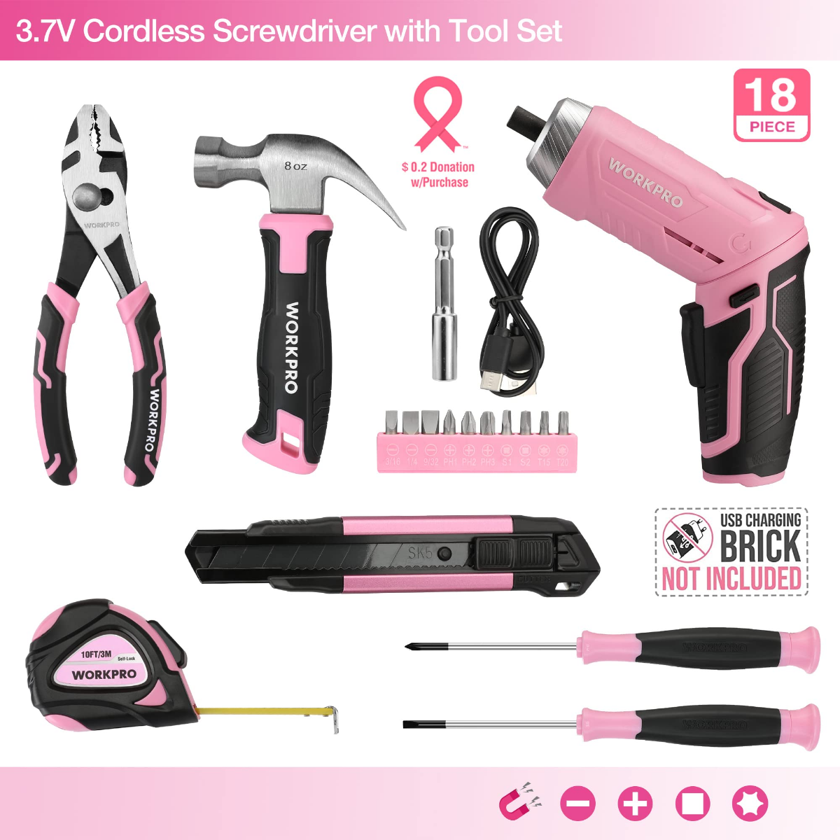 WORKPRO pink cordless screwdriver kit set with accessories and molded storage case