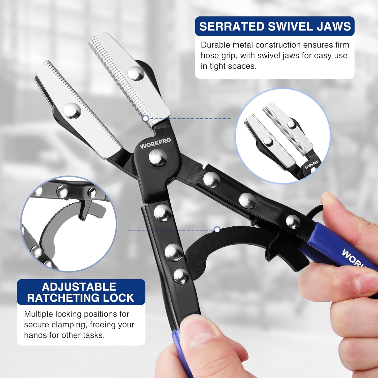 WORKPRO ratcheting hose pinch-off pliers with serrated swivel jaws, black and blue