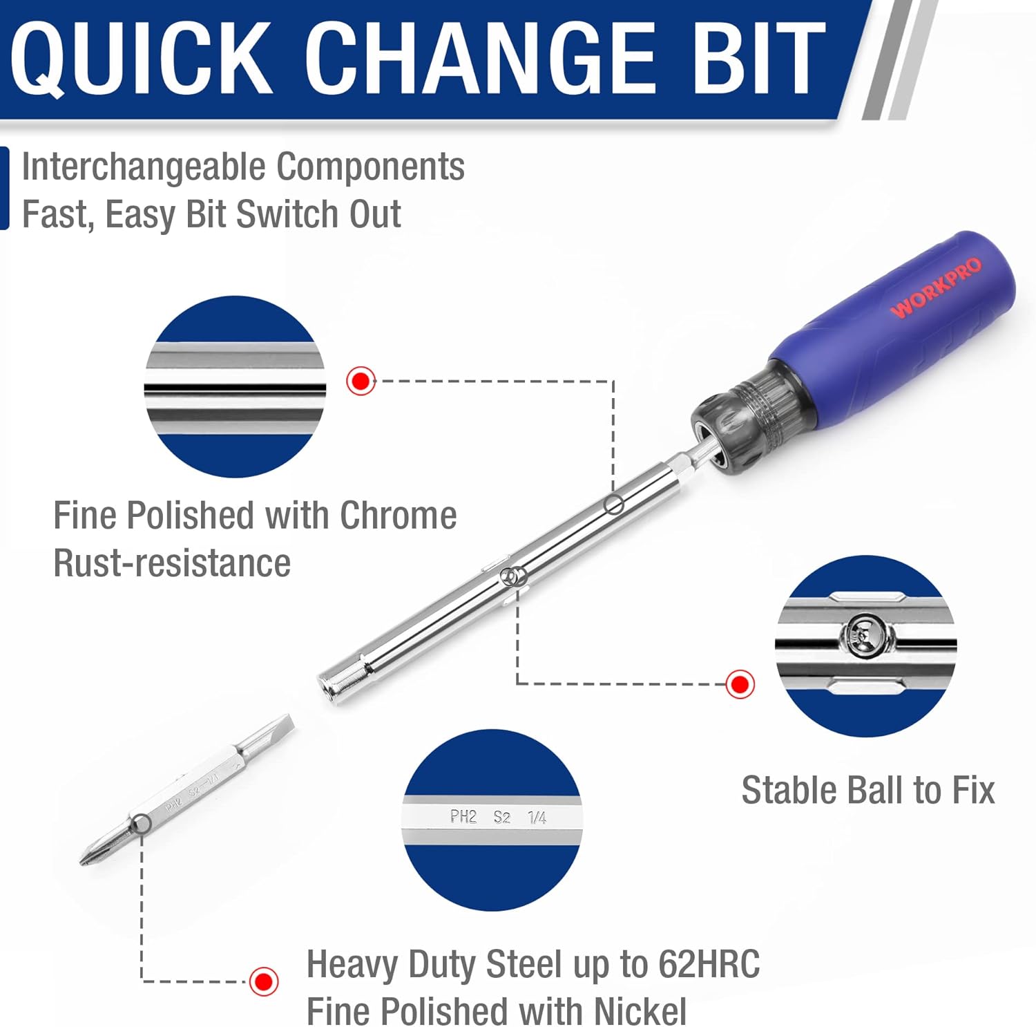 WORKPRO quick-change bit screwdriver with chrome shaft and interchangeable bit tip