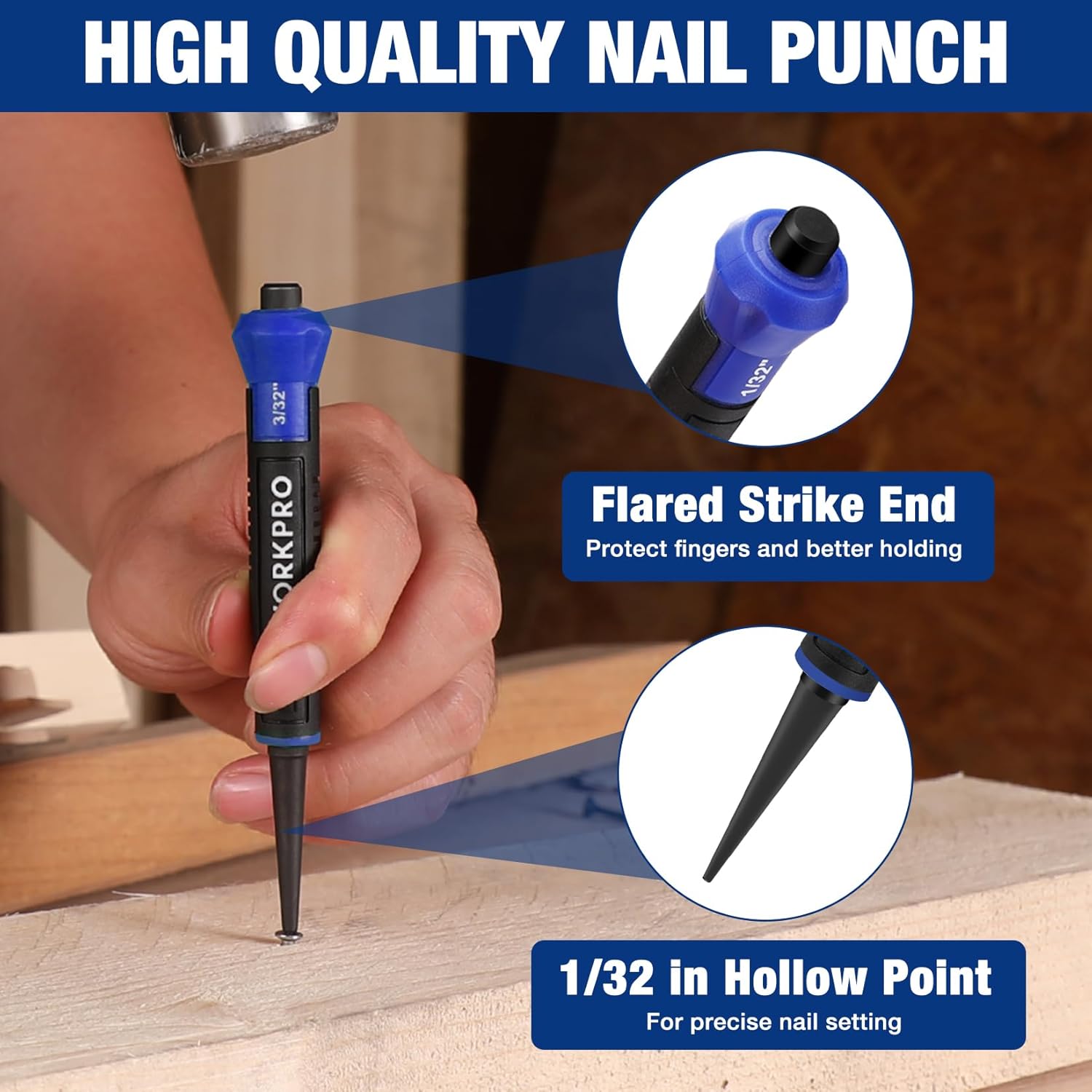 Blue nail punch tool with pointed tip for precise nail striking
