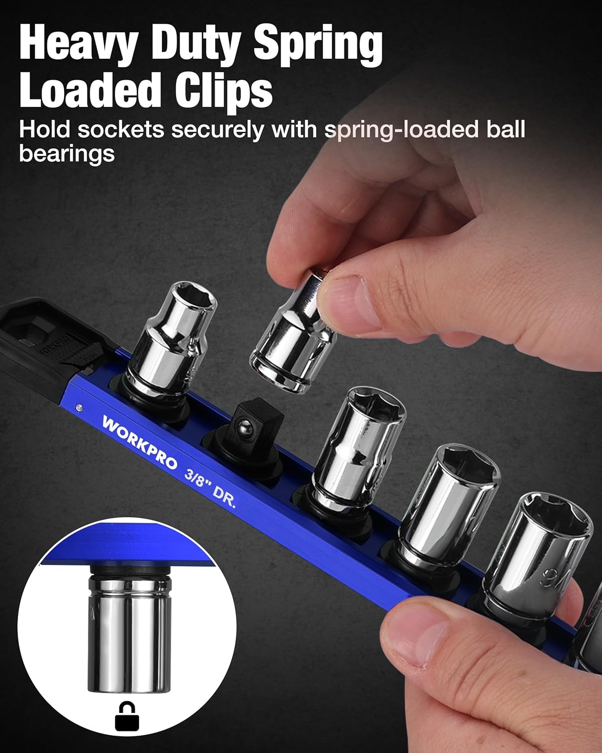 Blue magnetic socket organizer rail with spring-loaded ball clips and visible socket sleeves