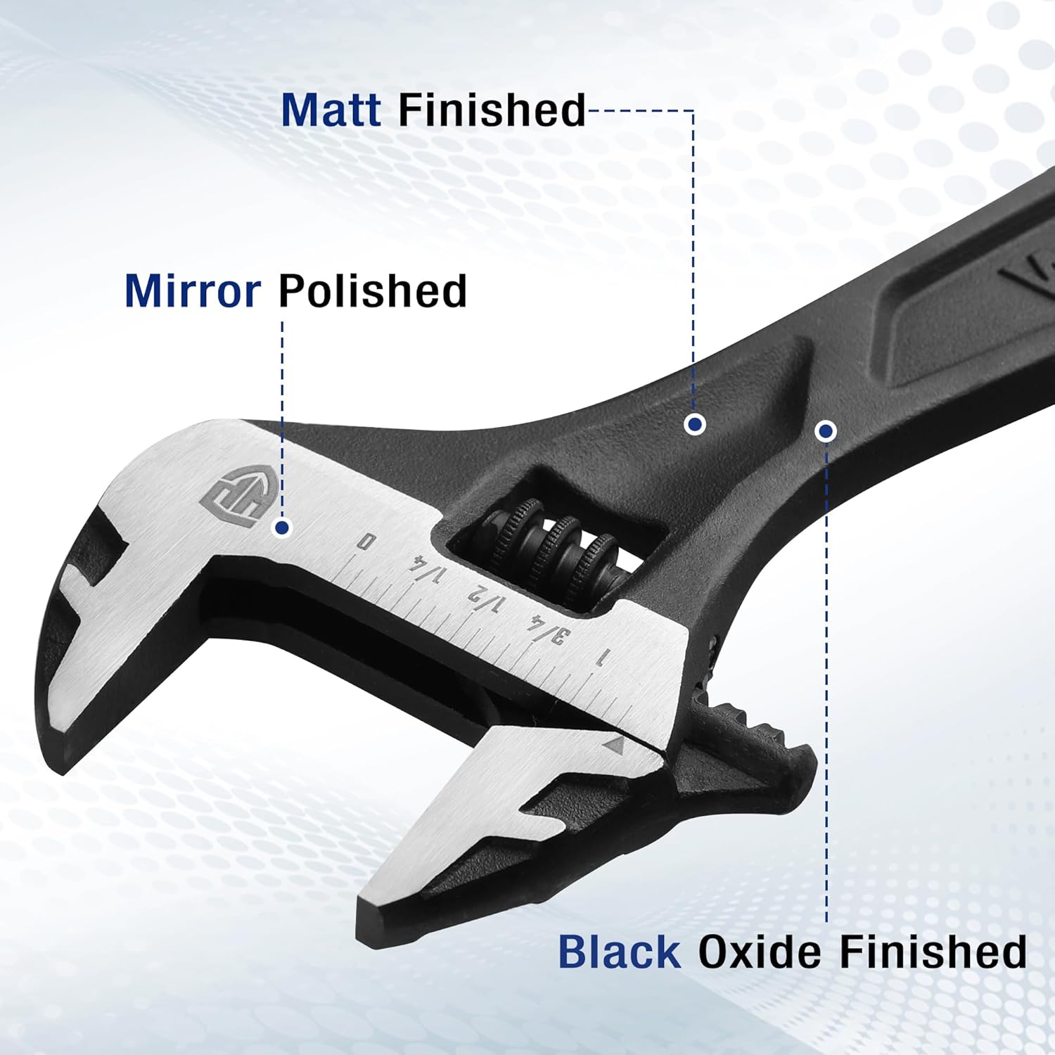 Black oxide adjustable wrench with inch/metric scale on silver jaw