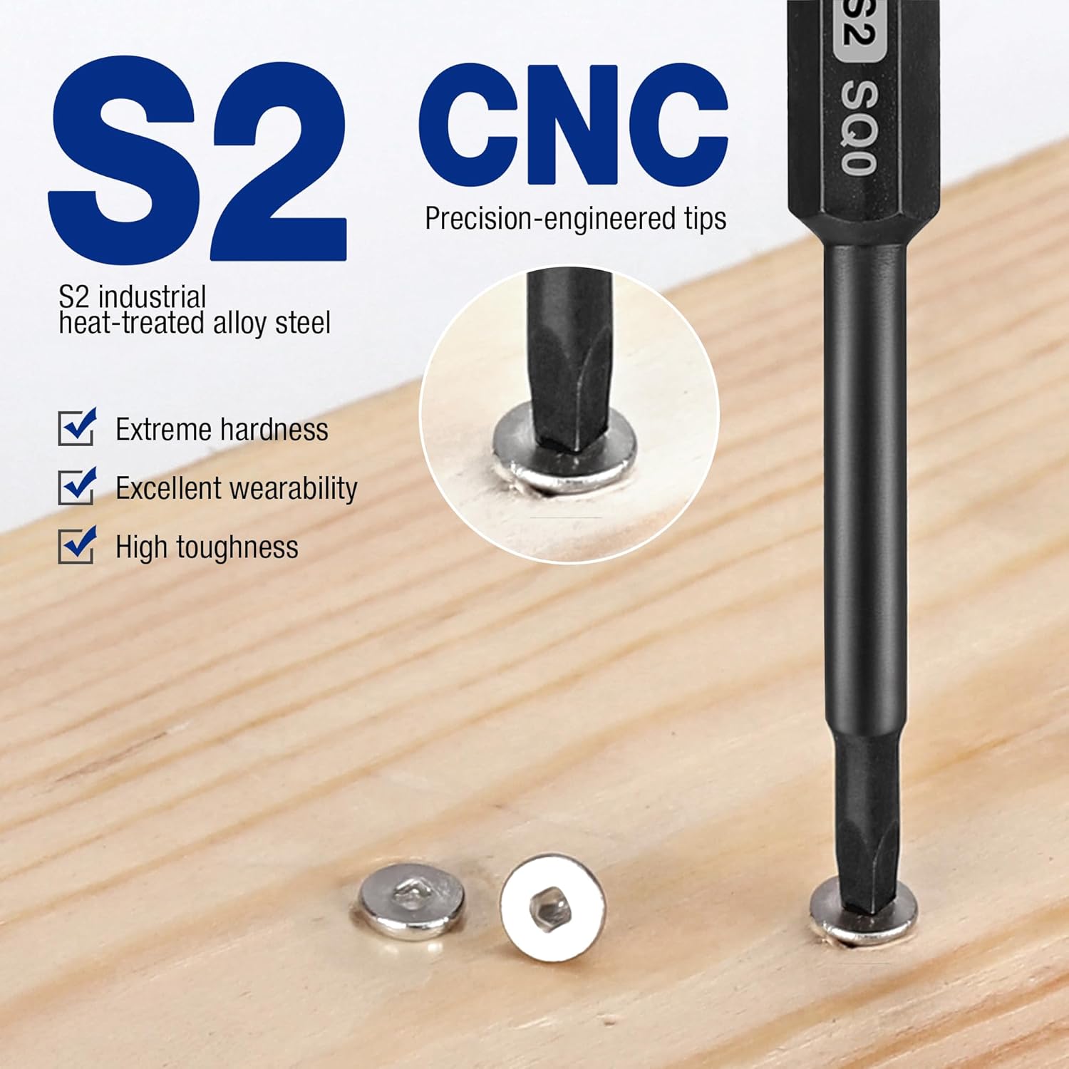 S2 steel square screwdriver bit with precision tip, shown on a wood surface