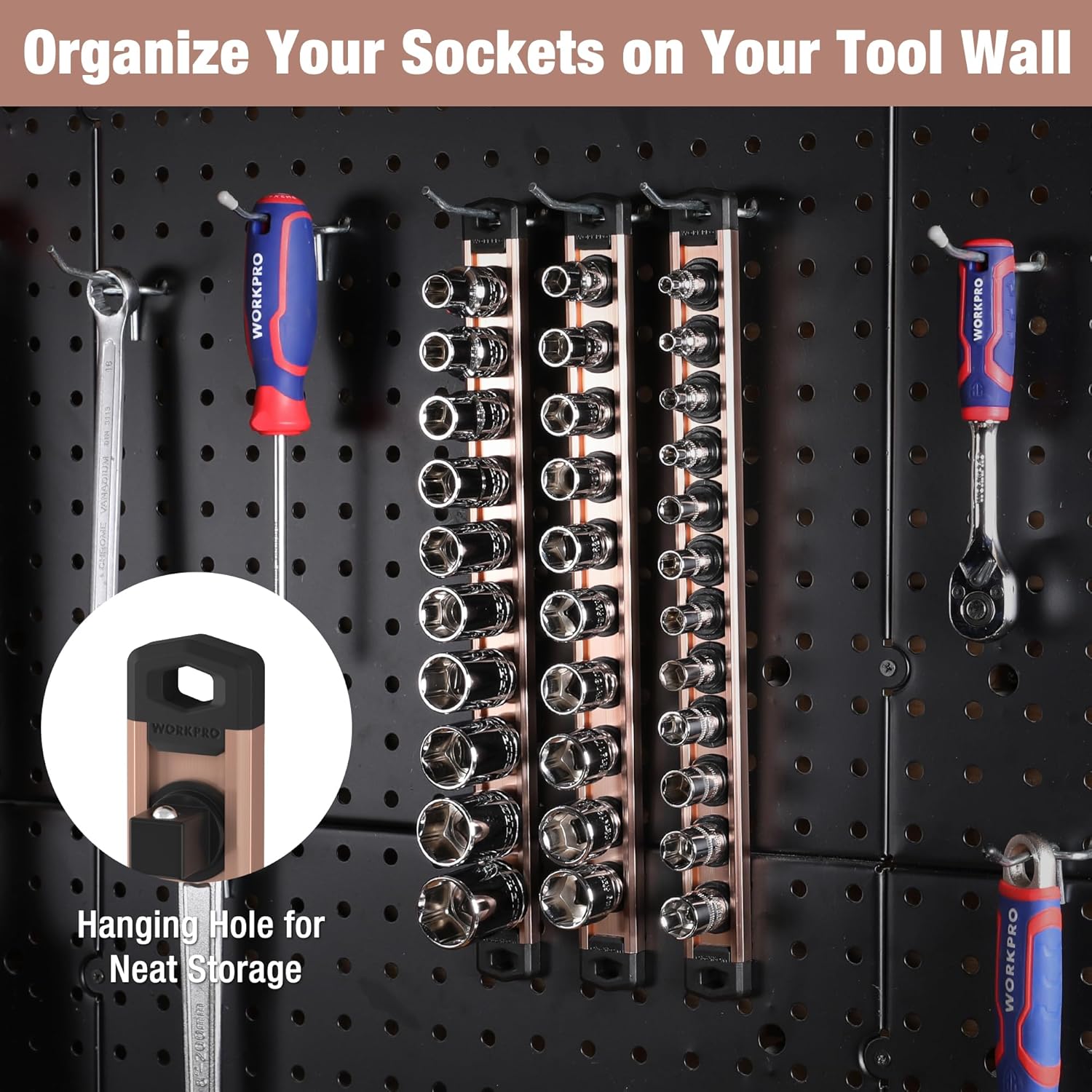 Socket organizer strip mounted on pegboard, holding multiple sockets with black clips