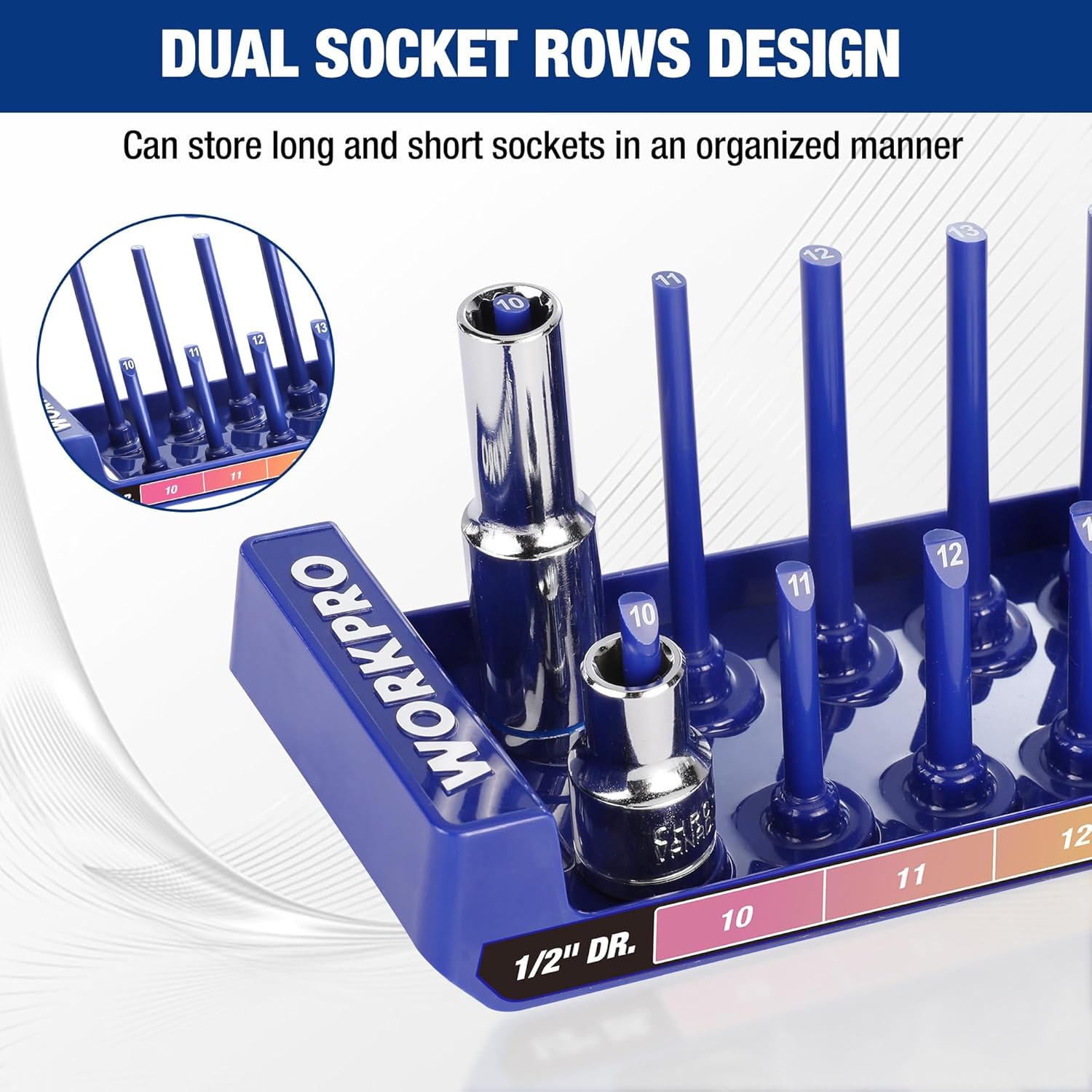 Blue dual-row metric socket organizer tray rack with tall posts for organizing sockets