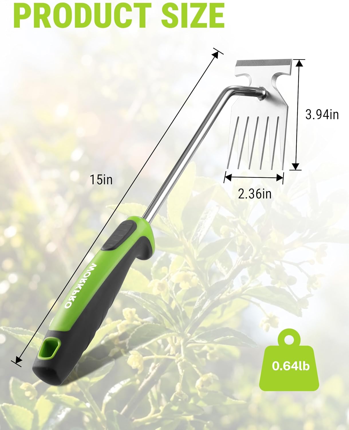 WORKPRO 15-inch 6-tine weed puller with stainless steel head and ergonomic soft grip handle.