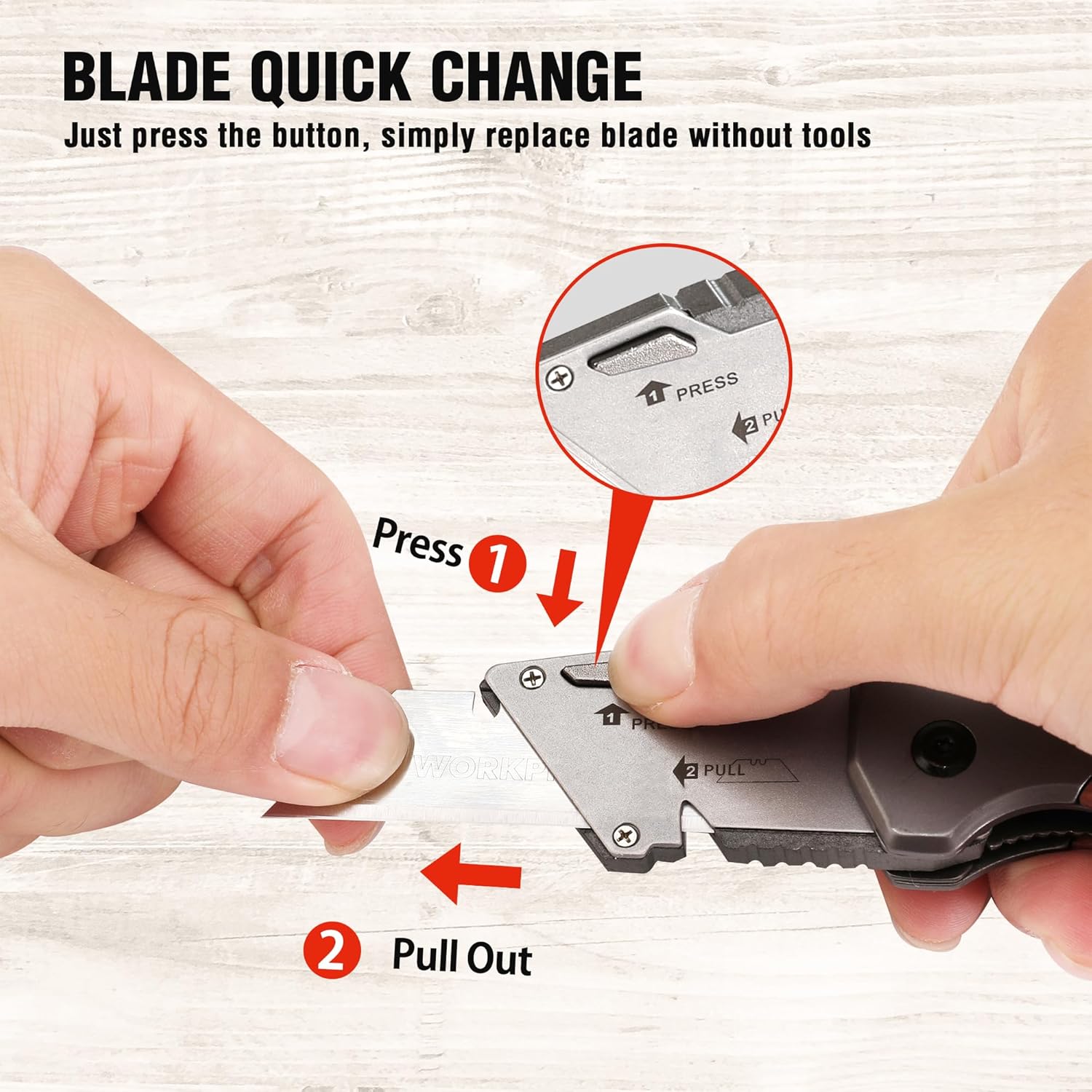 WORKPRO utility knife quick-change blade, shown being pressed by hands