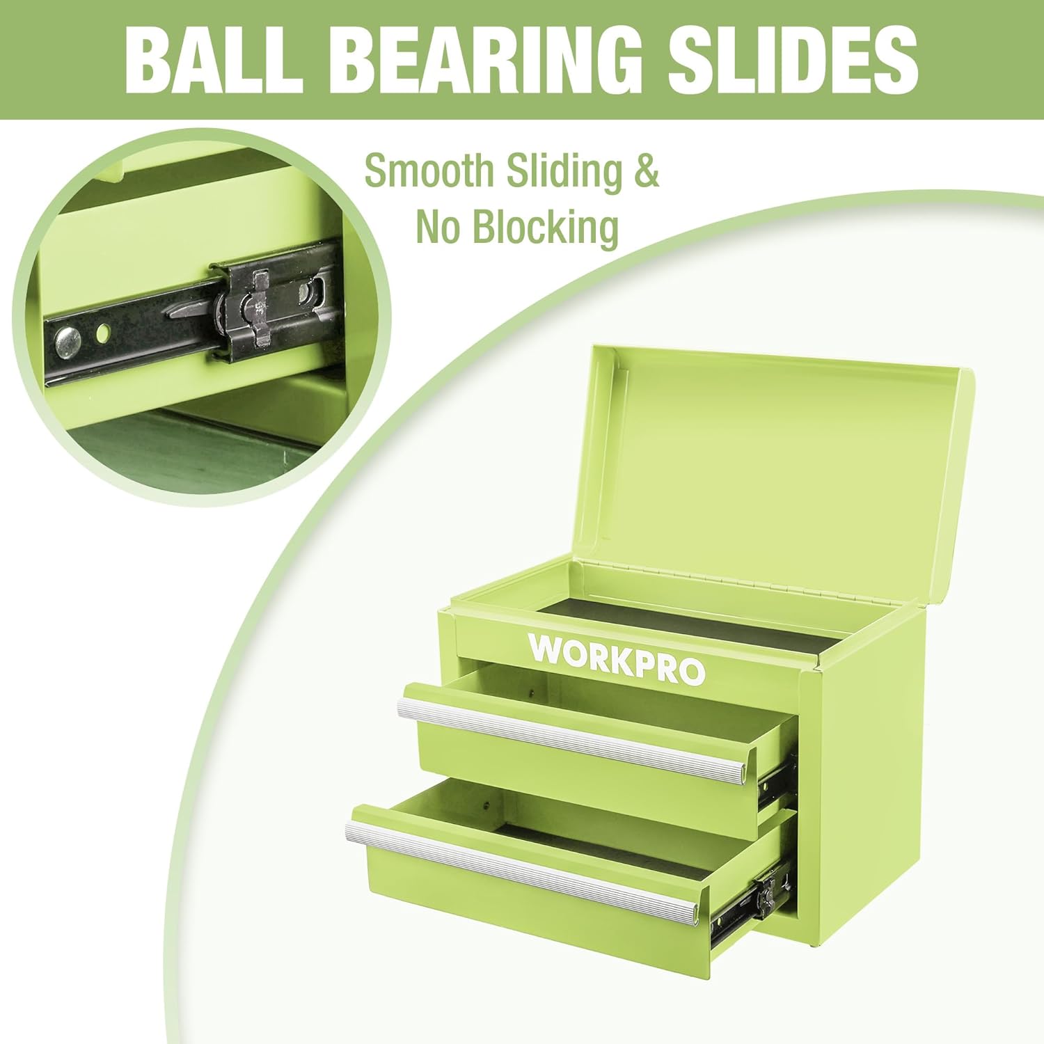 WORKPRO macaron green mini toolbox showing ball-bearing drawer slides with open top lid