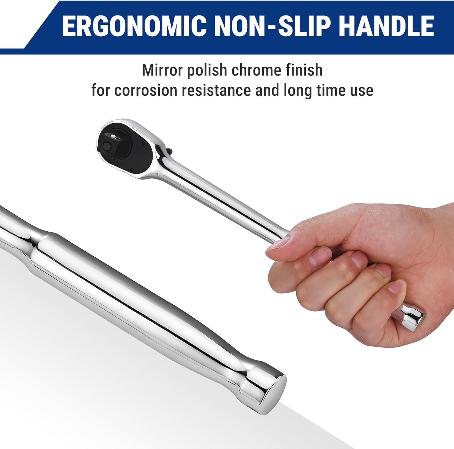 WORKPRO ergonomic non-slip 1/2 in ratchet handle with chrome finish and black cap