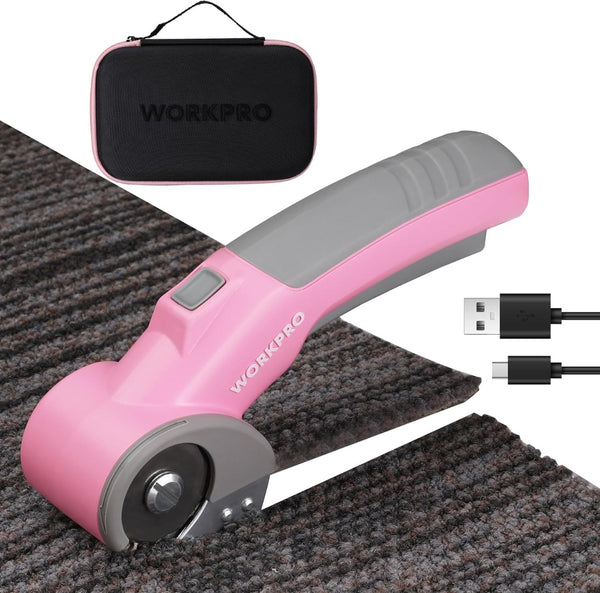 WORKPRO 4V Cordless Electric Scissors/Rotary Cutter with Storage Case - Pink Ribbon