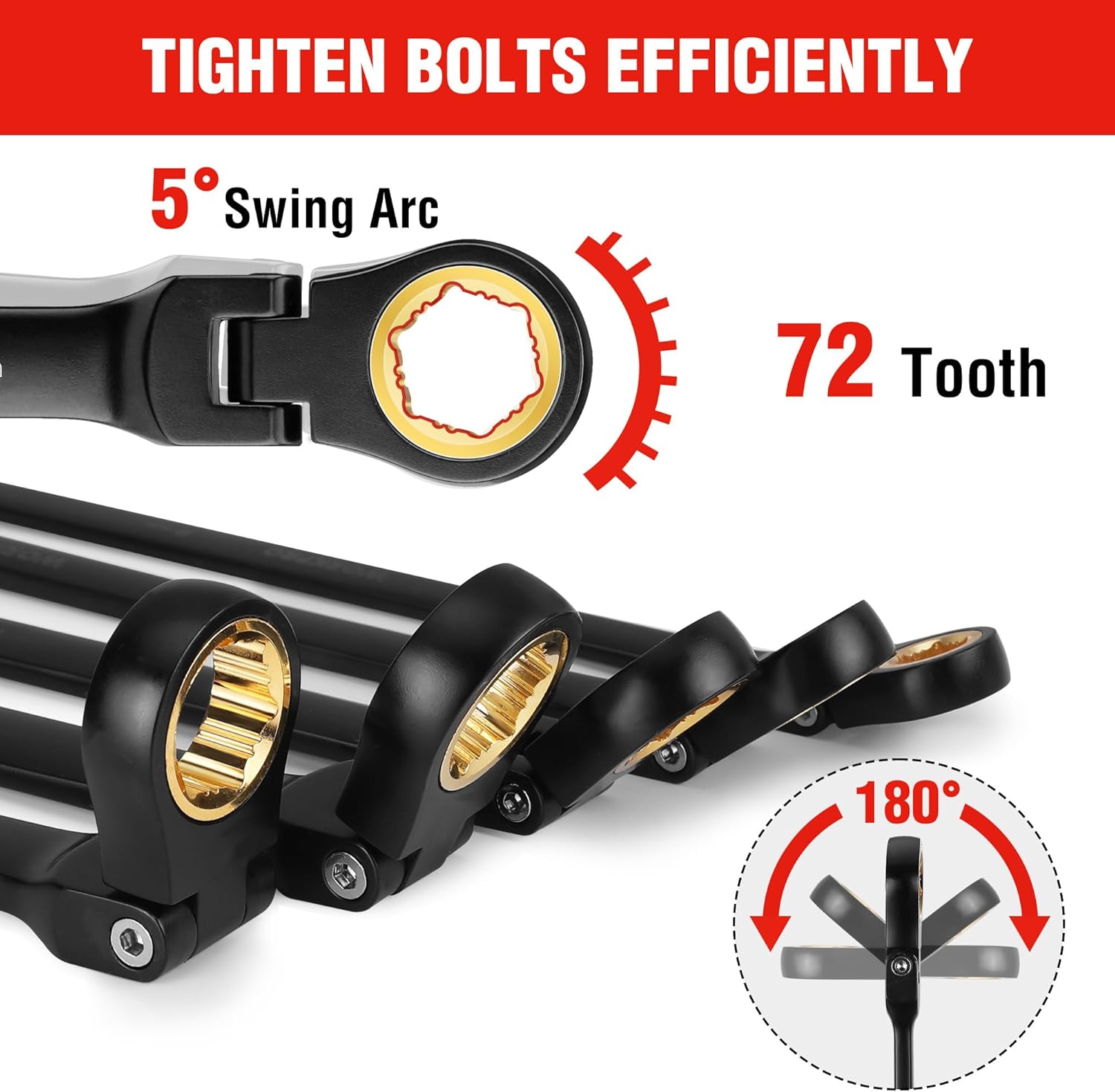 WORKPRO extra long flex-head ratcheting wrench set, black 72-tooth heads