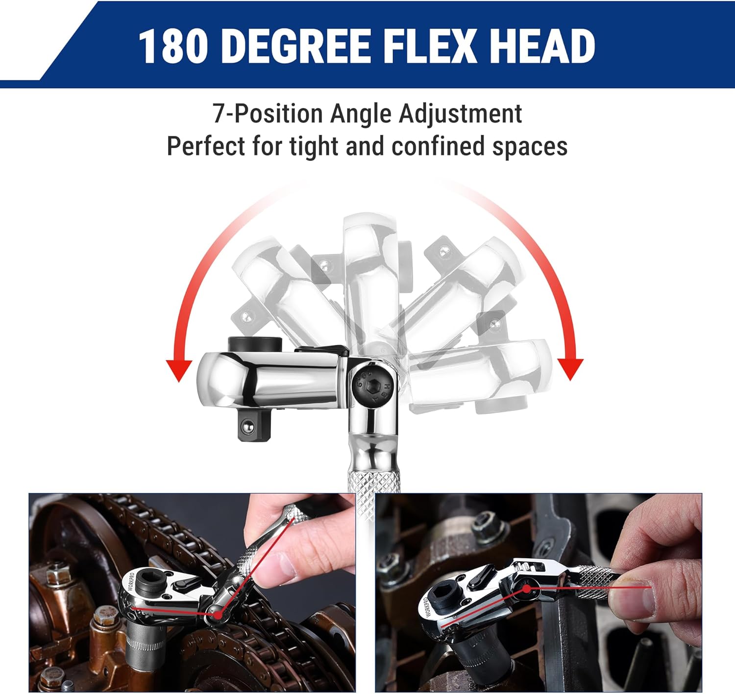 180-degree flex head ratchet with multi-position angle adjustment for tight spaces