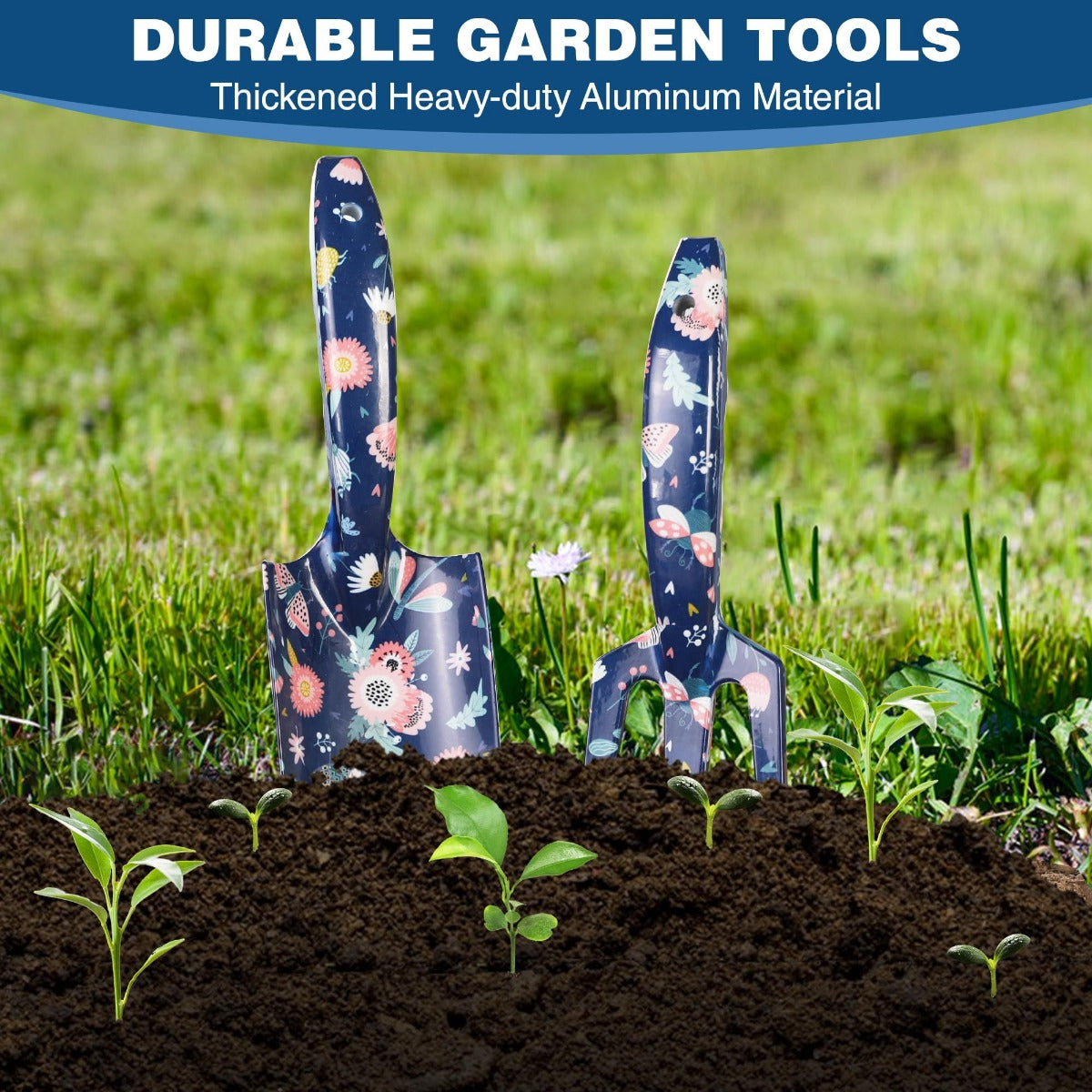 Pair of navy floral hand shovels inserted in soil for planting and weeding