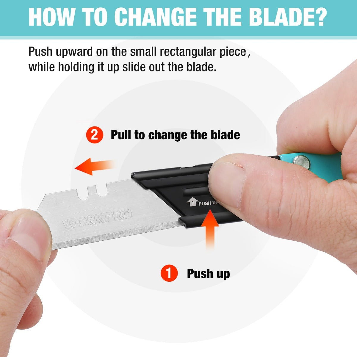 WORKPRO folding utility knife with hands changing blade, black blade and teal handle