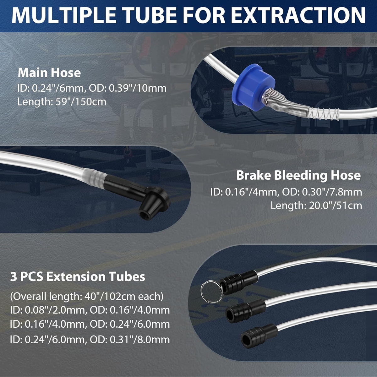 Multiple extension tubes and brake bleeding hose with labeled hose connections set