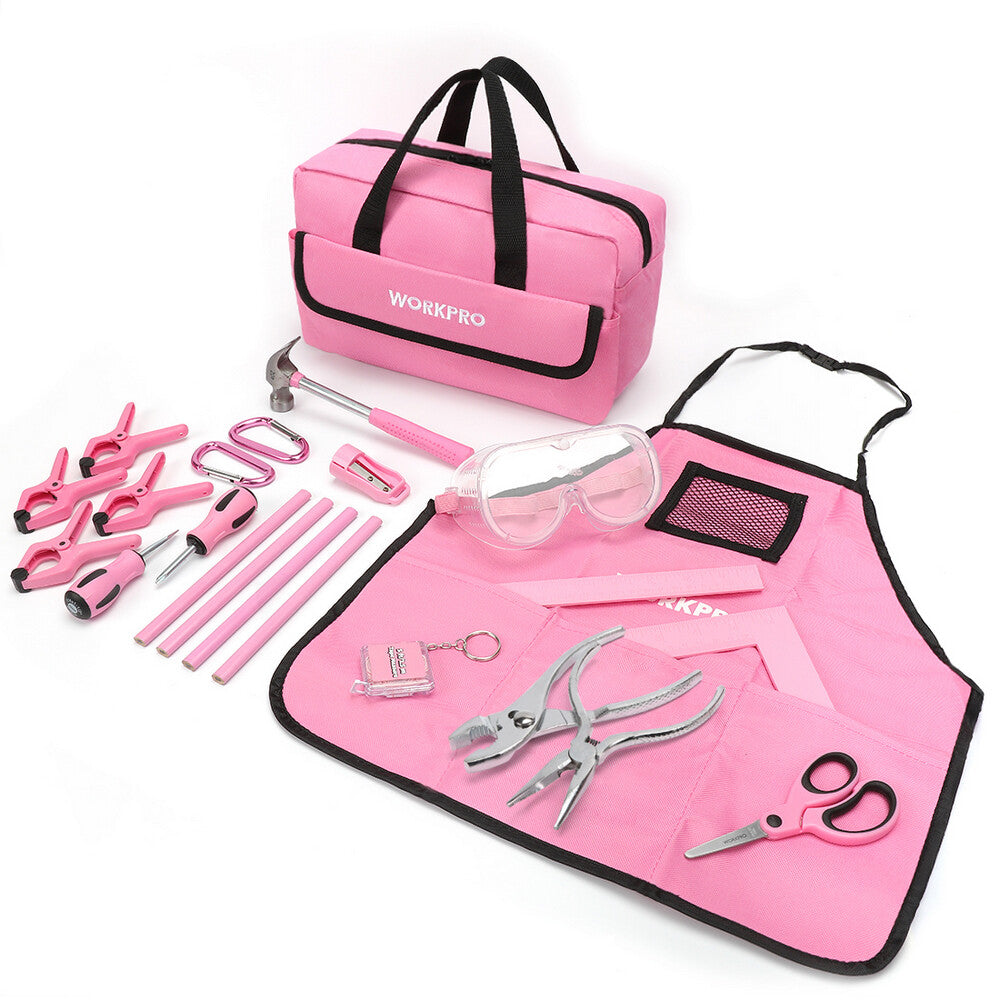 WORKPRO Kid Tools Kit 23 Pcs Pink with Bag, innovation quality durable secure storage and safety goggles